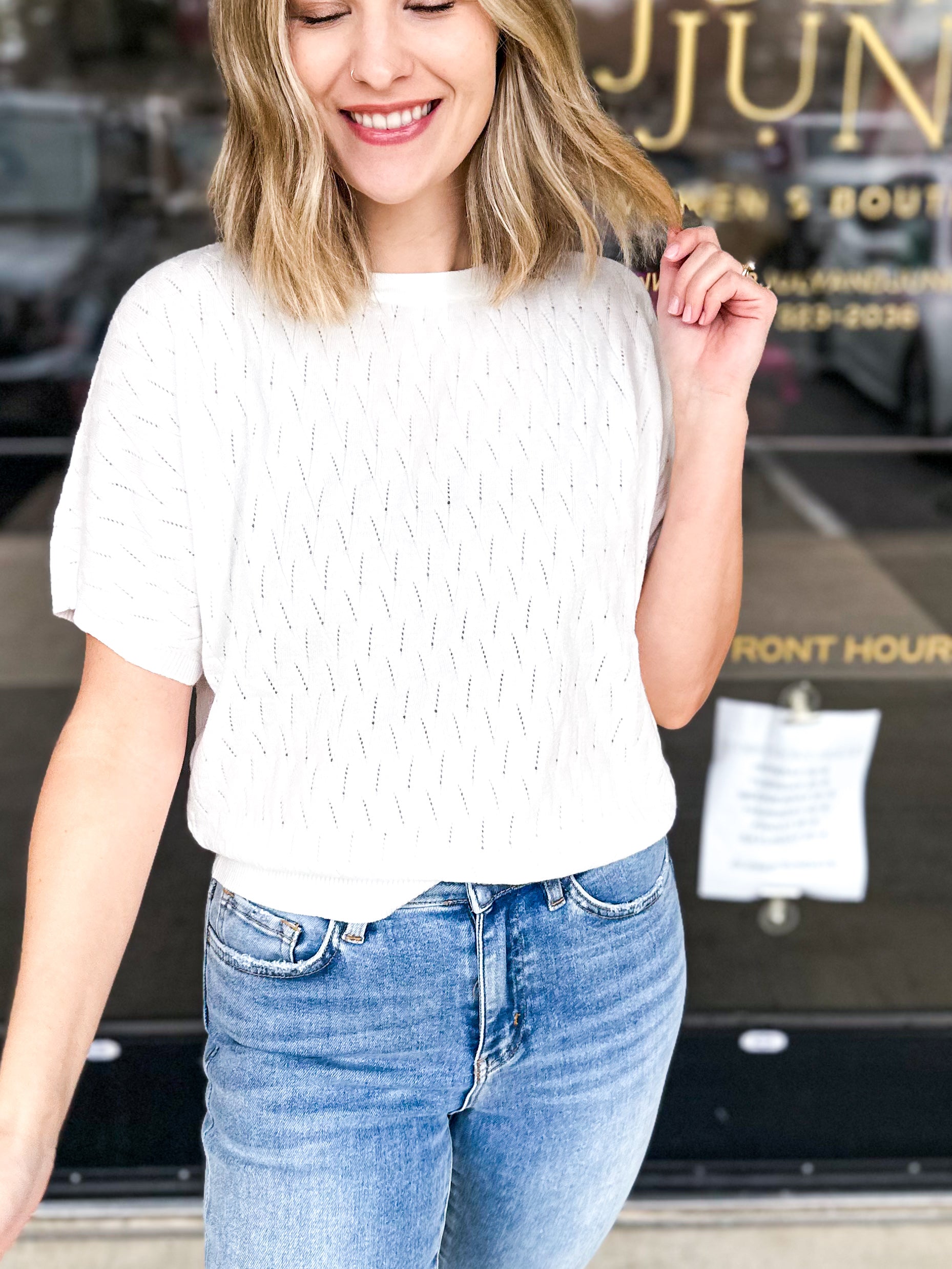 Pastel Knit Tee - Off White-230 Sweaters/Cardis-ALLIE ROSE-July & June Women's Fashion Boutique Located in San Antonio, Texas