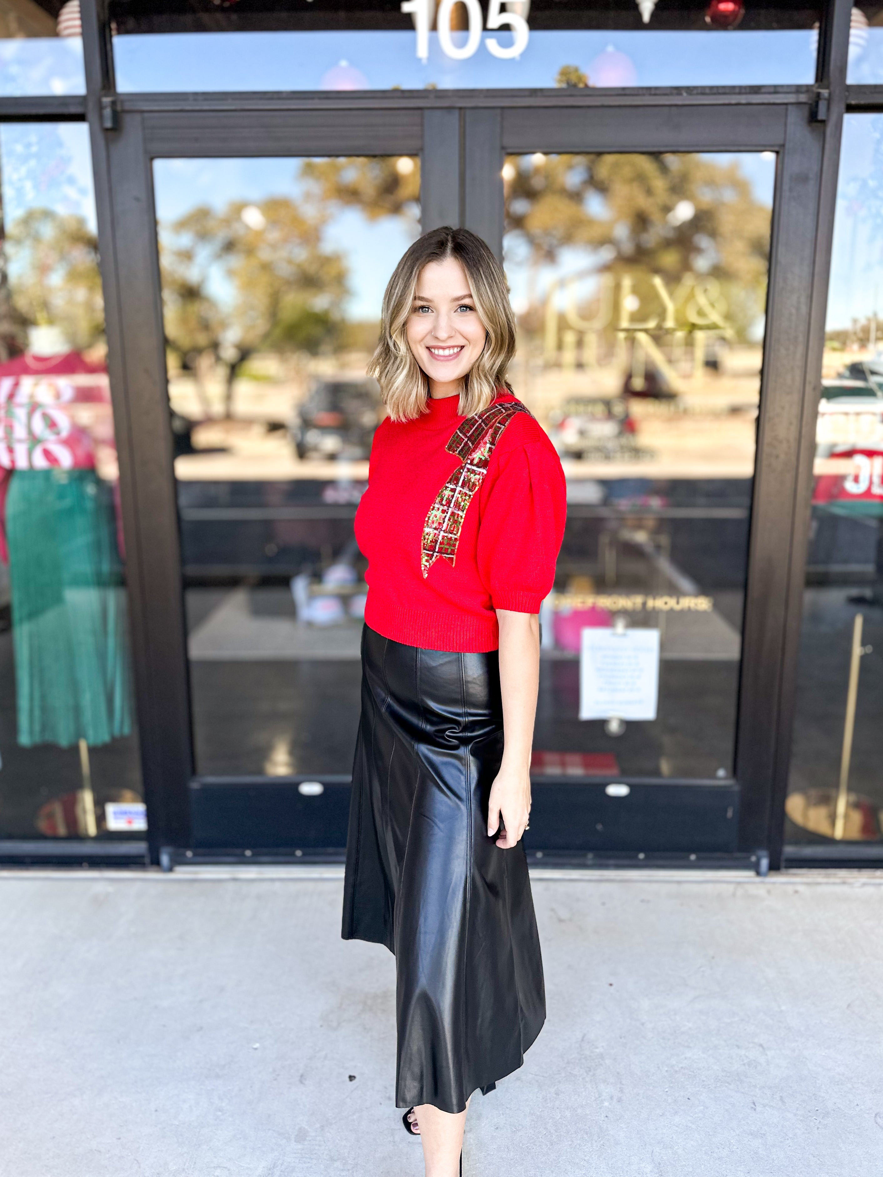 Black Faux Leather Midi Skirt-410 Shorts/Skirts-SKIES ARE BLUE-July & June Women's Fashion Boutique Located in San Antonio, Texas