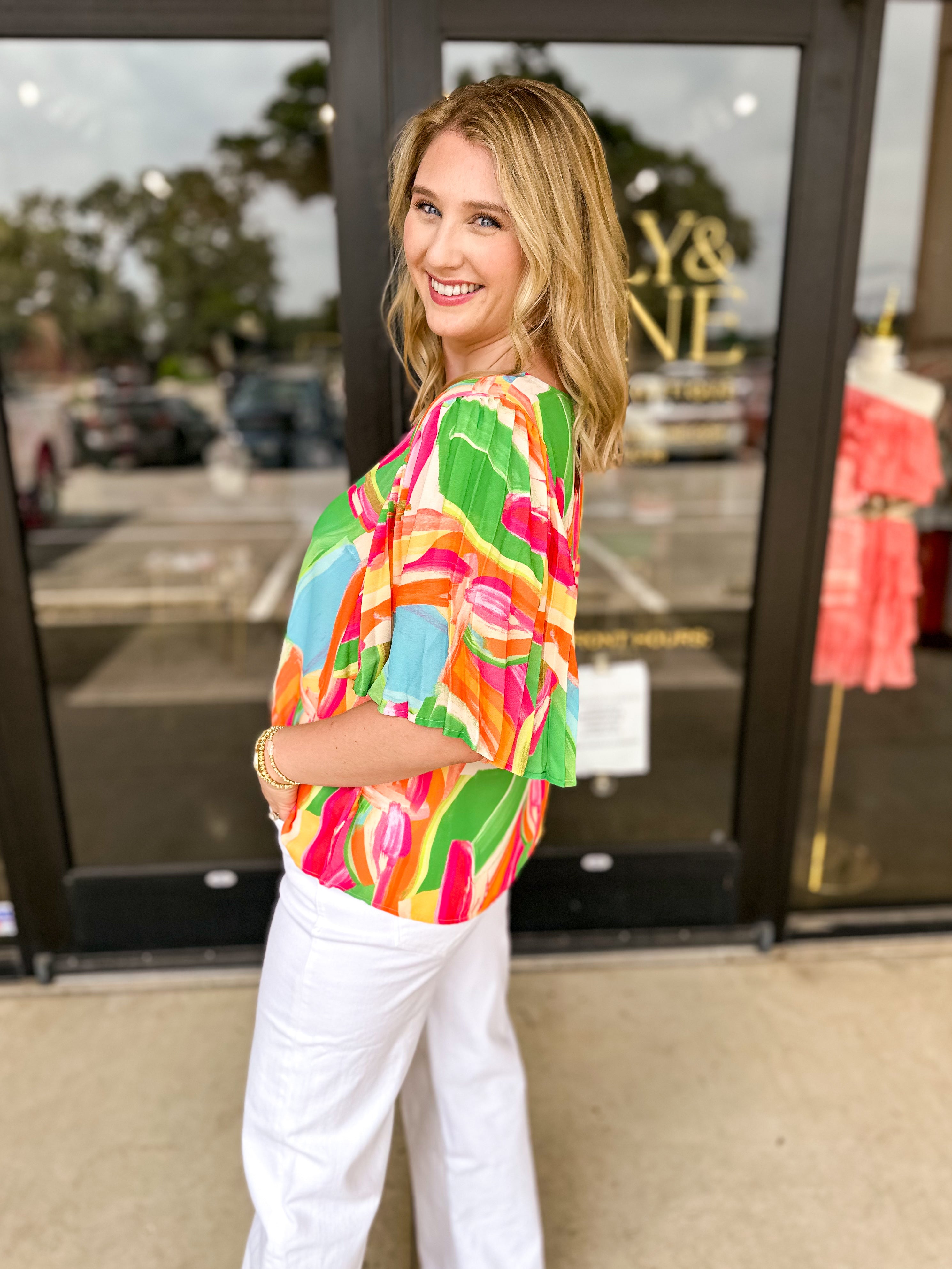 Bold Watercolor Blouse-200 Fashion Blouses-FLYING TOMATO-July & June Women's Fashion Boutique Located in San Antonio, Texas
