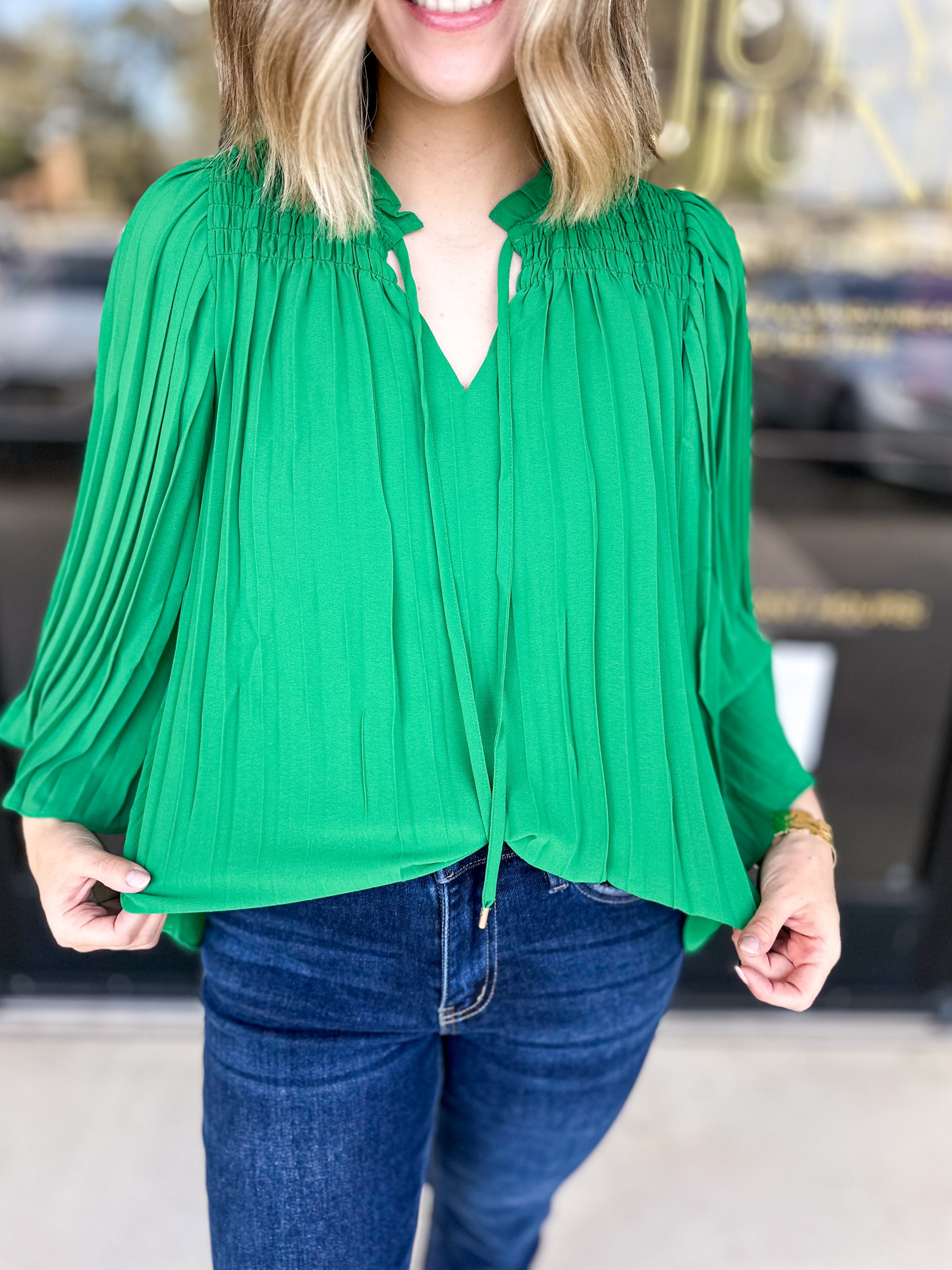 Pleated Blouse-Green-PINK FRIDAY DOORBUSTER-ONLINE-PINK FRIDAY DOORBUSTERS-SKIES ARE BLUE-July & June Women's Fashion Boutique Located in San Antonio, Texas