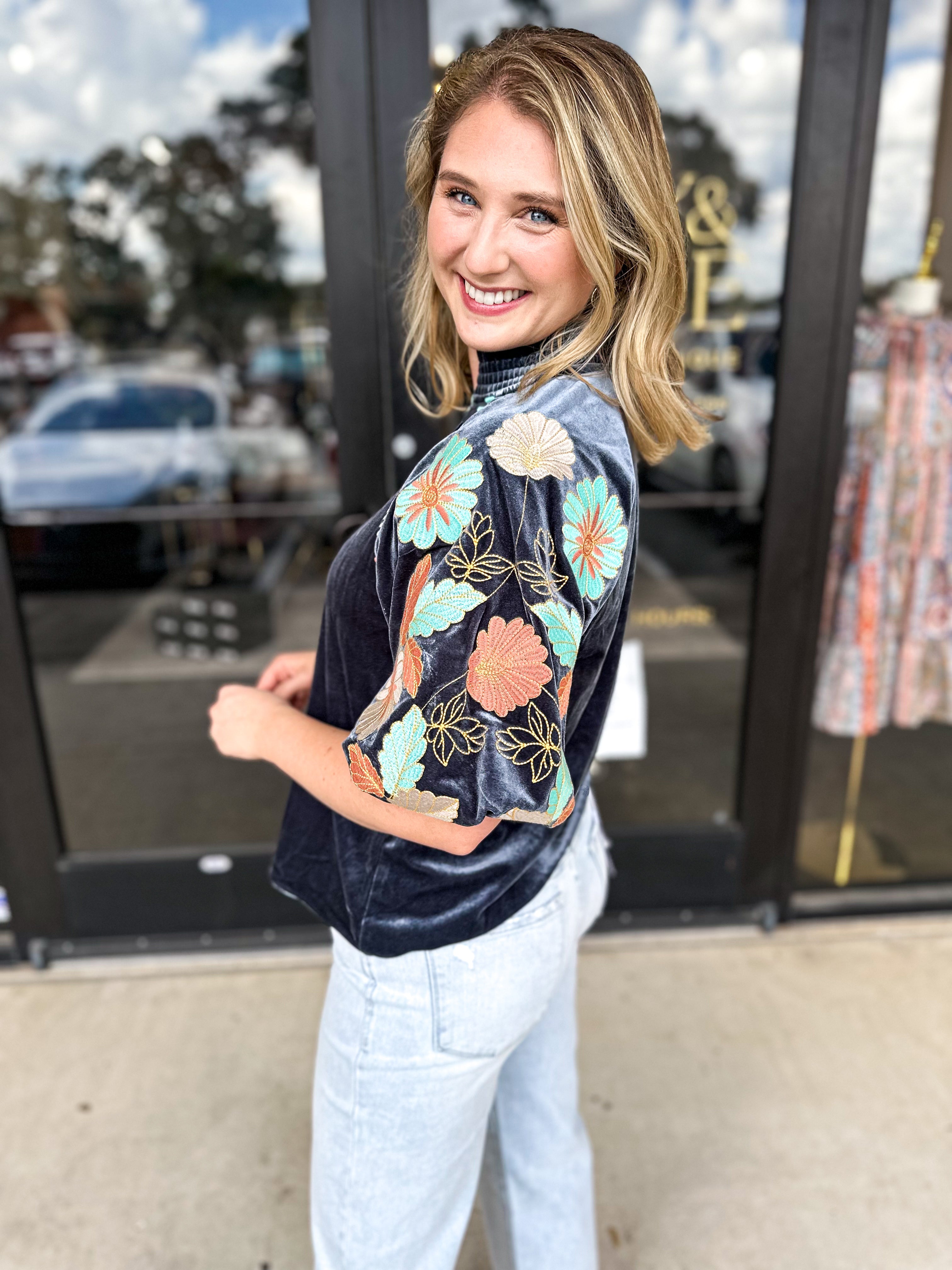 THML - Indigo Velvet Embroidered Blouse-200 Fashion Blouses-THML-July & June Women's Fashion Boutique Located in San Antonio, Texas