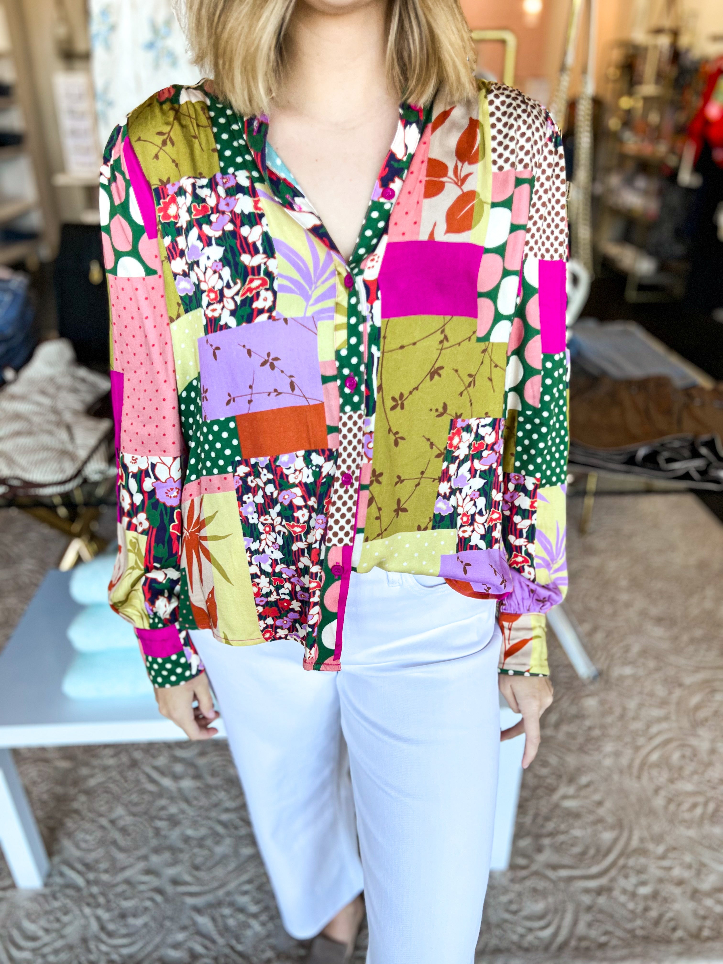 Magenta Patchwork Blouse-200 Fashion Blouses-FATE-July & June Women's Fashion Boutique Located in San Antonio, Texas