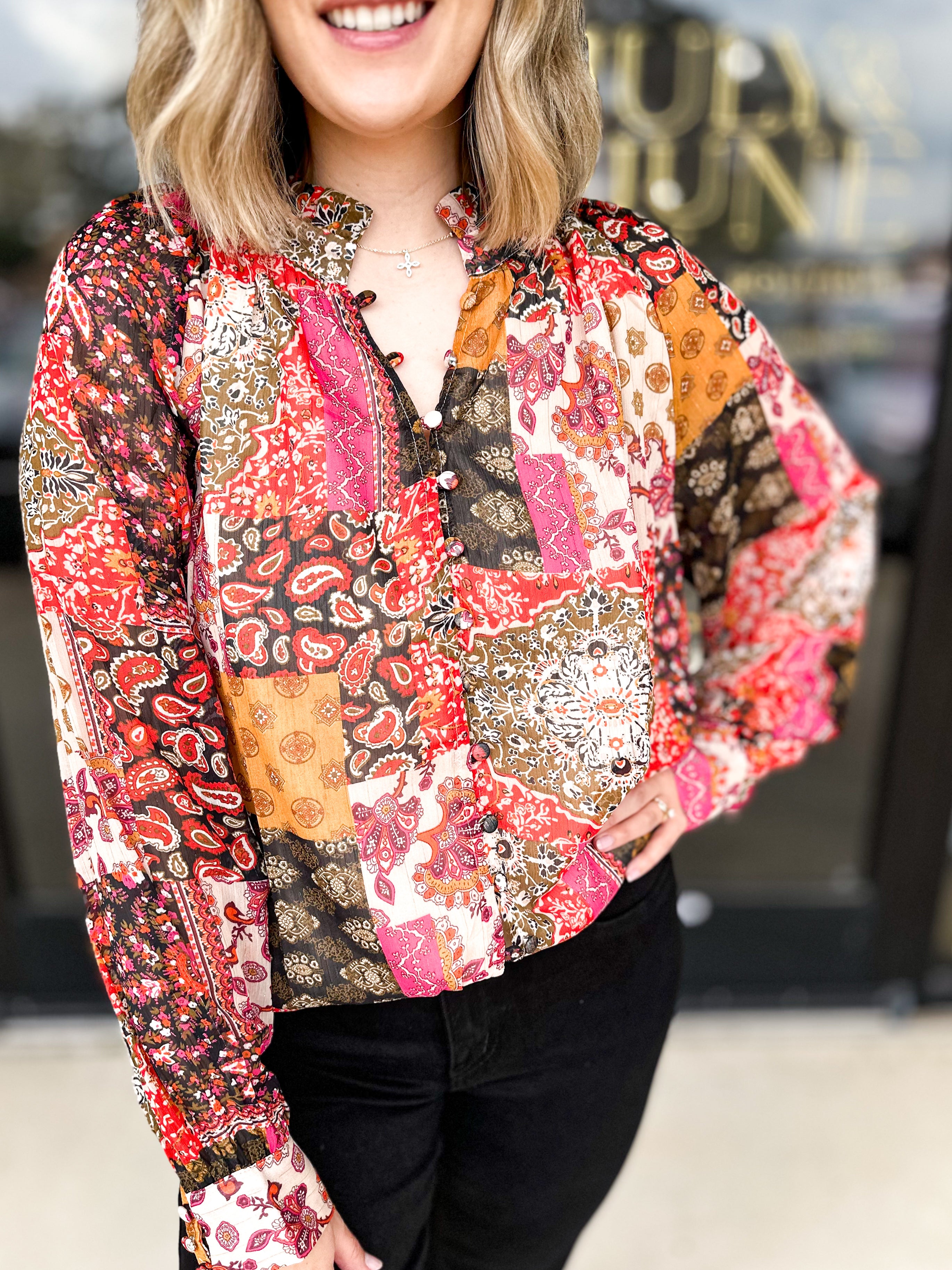 Pink Patchwork Blouse-200 Fashion Blouses-ENTRO-July & June Women's Fashion Boutique Located in San Antonio, Texas