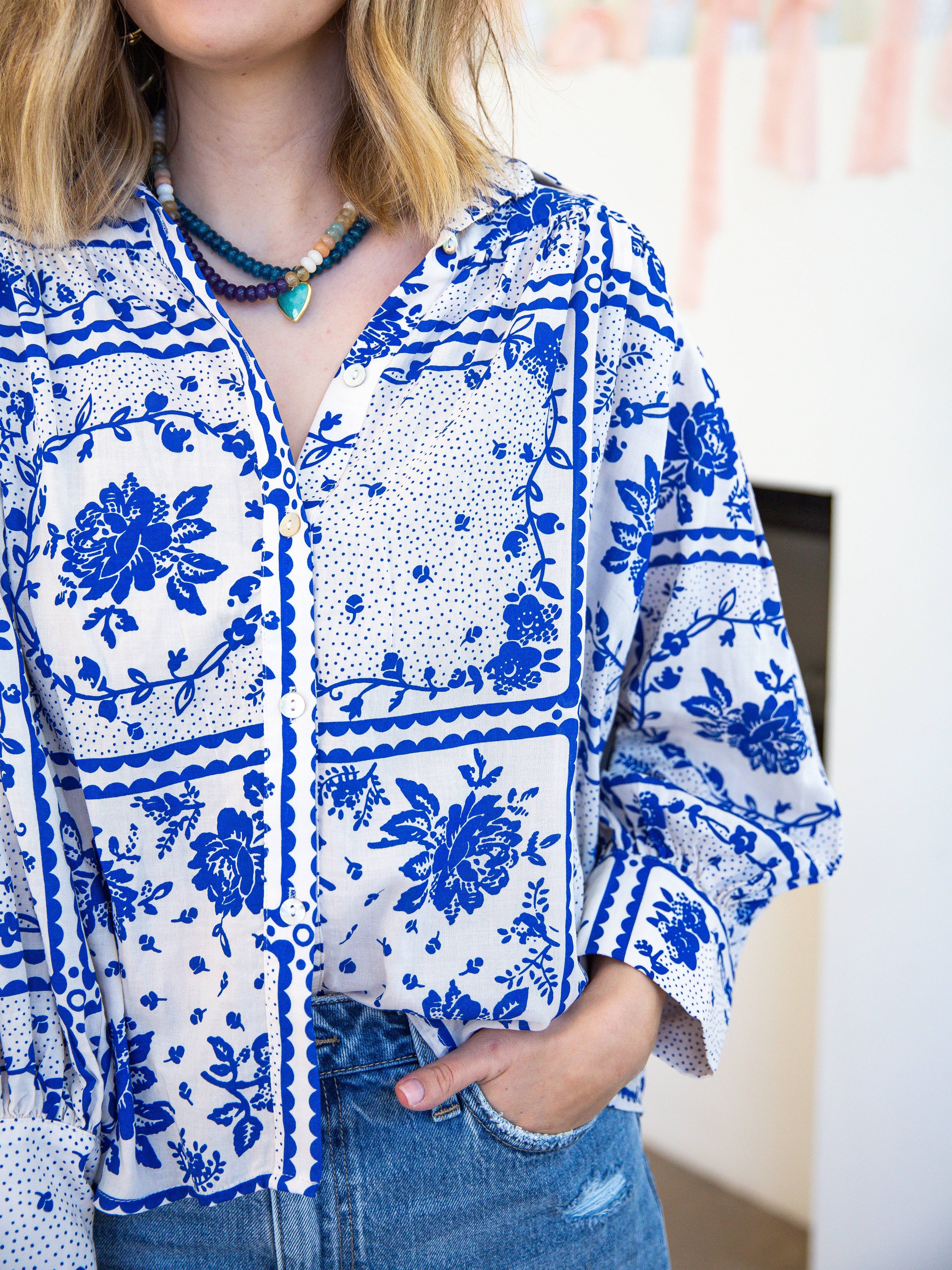 Coastal Blue Floral Button Down Blouse-200 Fashion Blouses-PINCH-July & June Women's Fashion Boutique Located in San Antonio, Texas