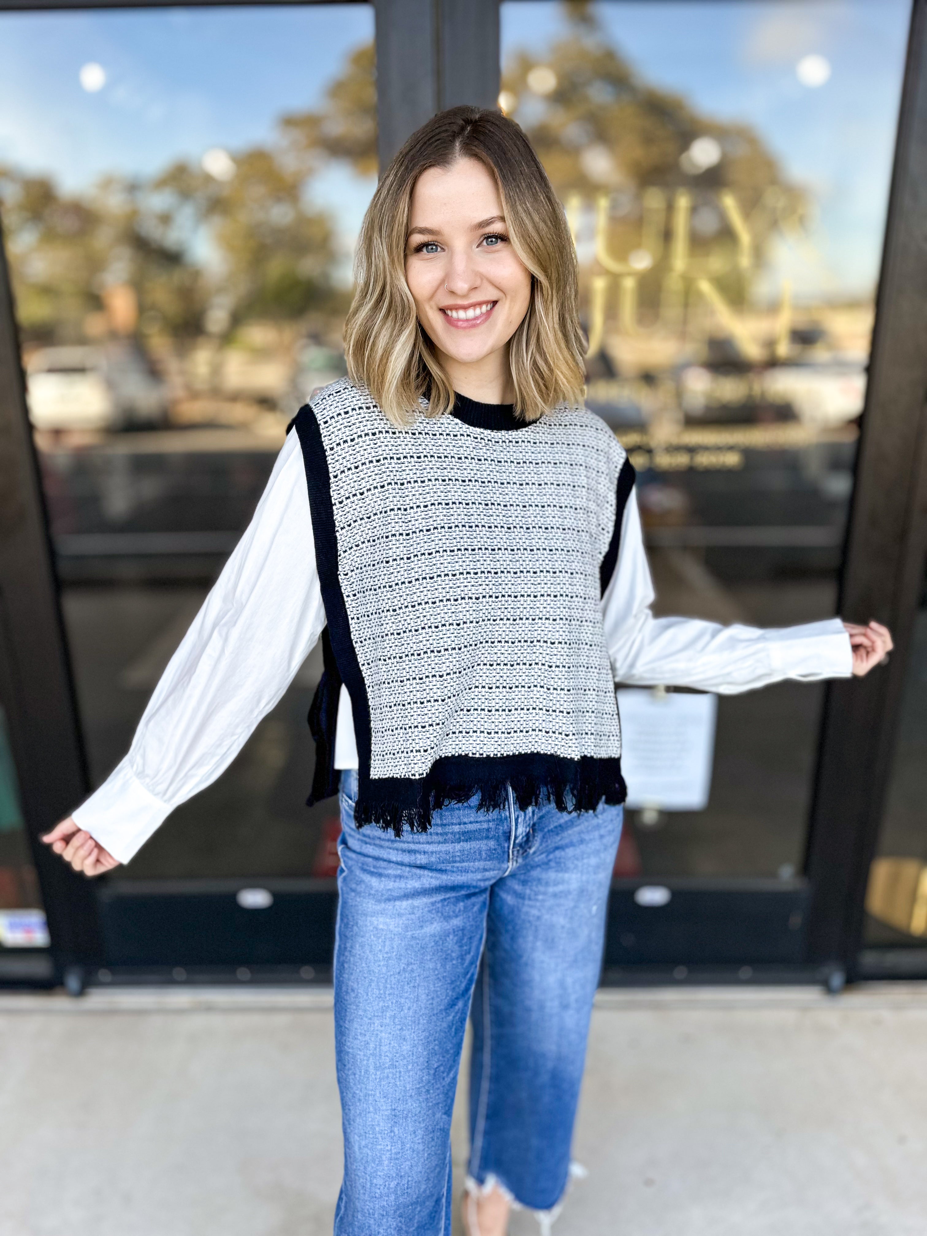 Black & Ivory Layered Vest Blouse-200 Fashion Blouses-PINCH-July & June Women's Fashion Boutique Located in San Antonio, Texas