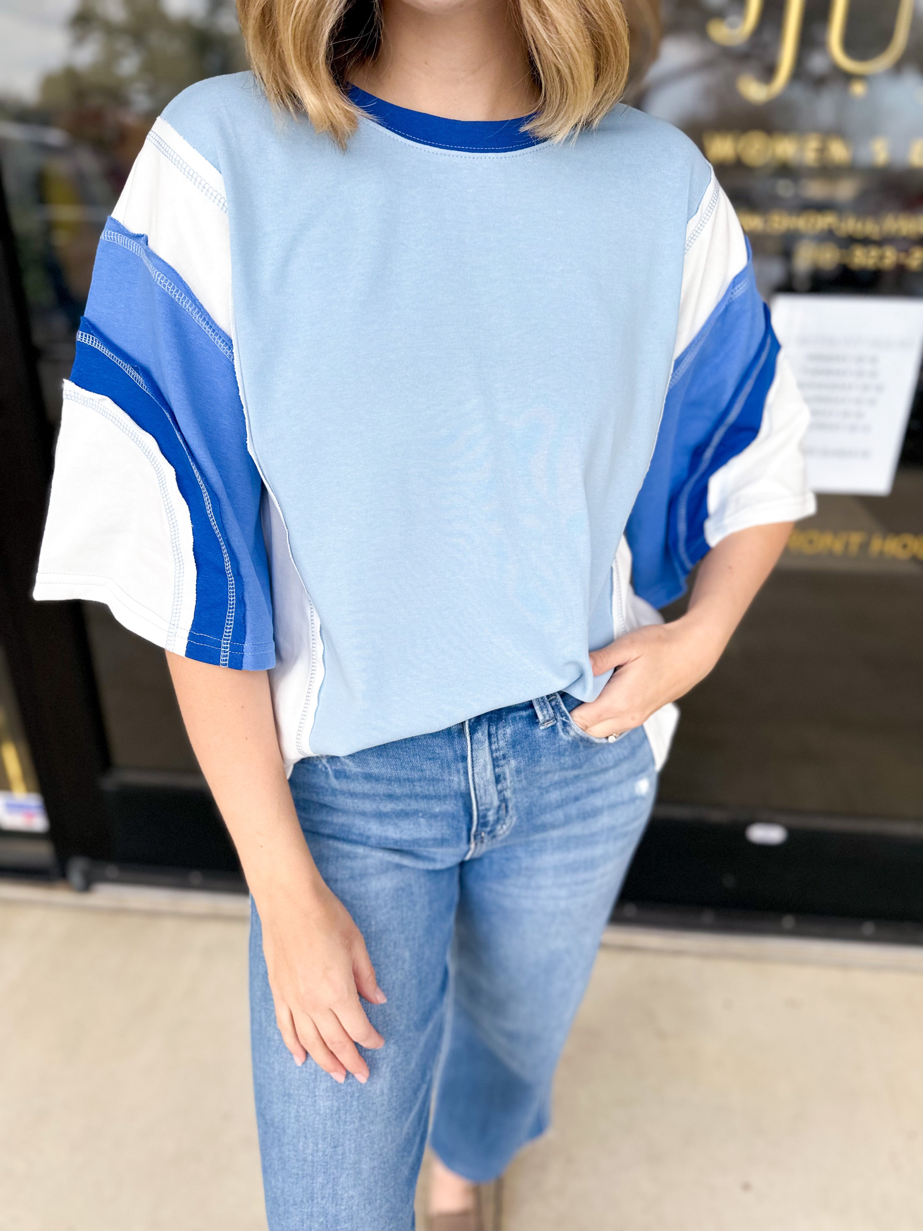 Colorblock Tee - Blue Combo-210 Casual Blouses-JODIFL-July & June Women's Fashion Boutique Located in San Antonio, Texas