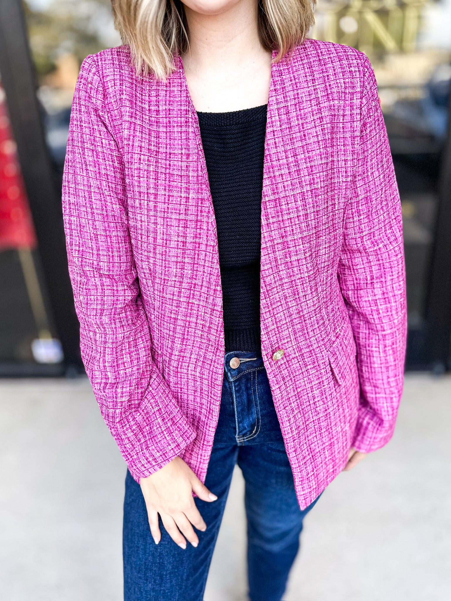 Pink Party Blazer - PINK FRIDAY DOORBUSTER - ONLINE-PINK FRIDAY DOORBUSTERS-ENTRO-July & June Women's Fashion Boutique Located in San Antonio, Texas