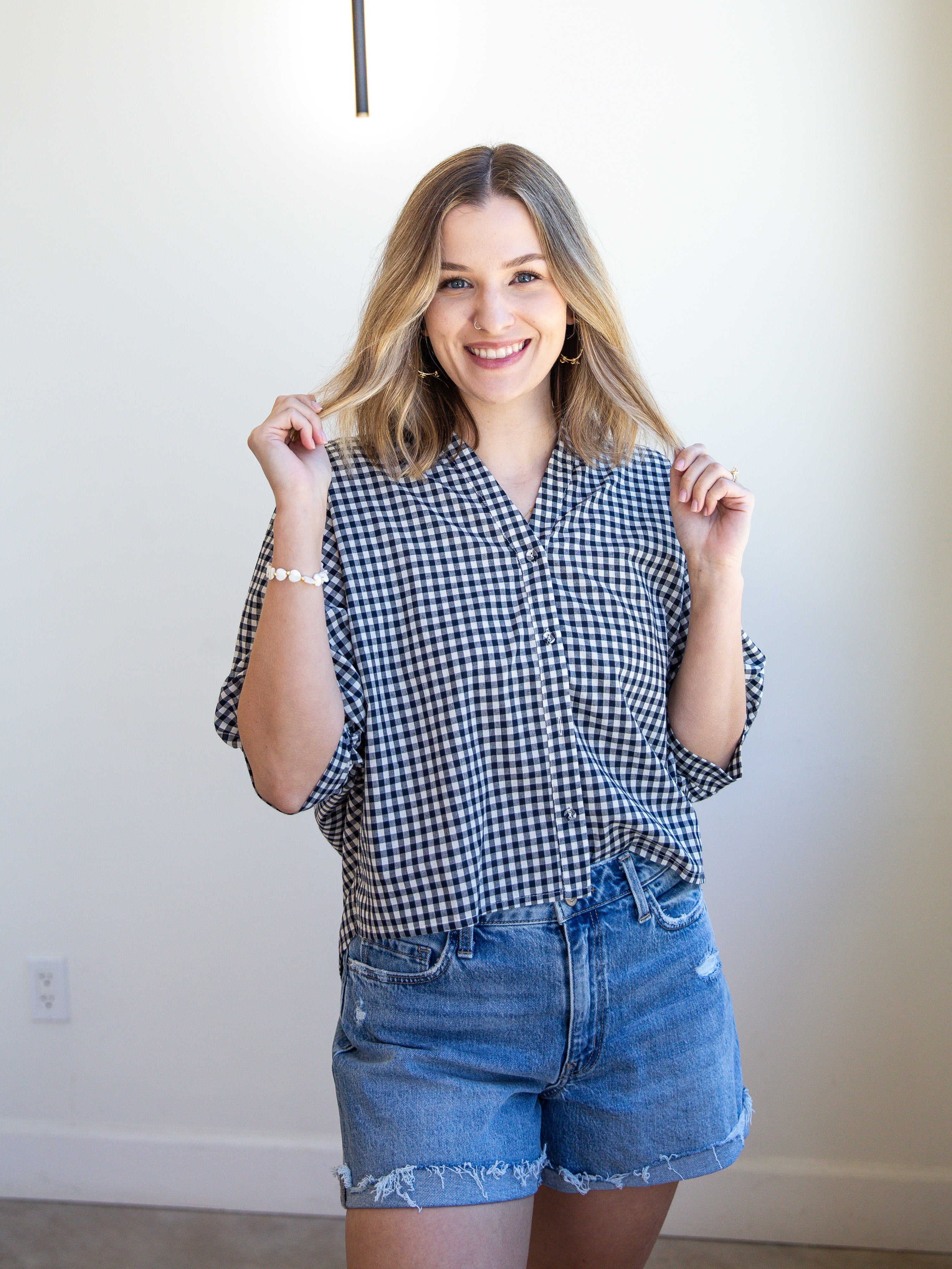 Gingham Sweetheart Blouse - Navy-200 Fashion Blouses-ALLIE ROSE-July & June Women's Fashion Boutique Located in San Antonio, Texas