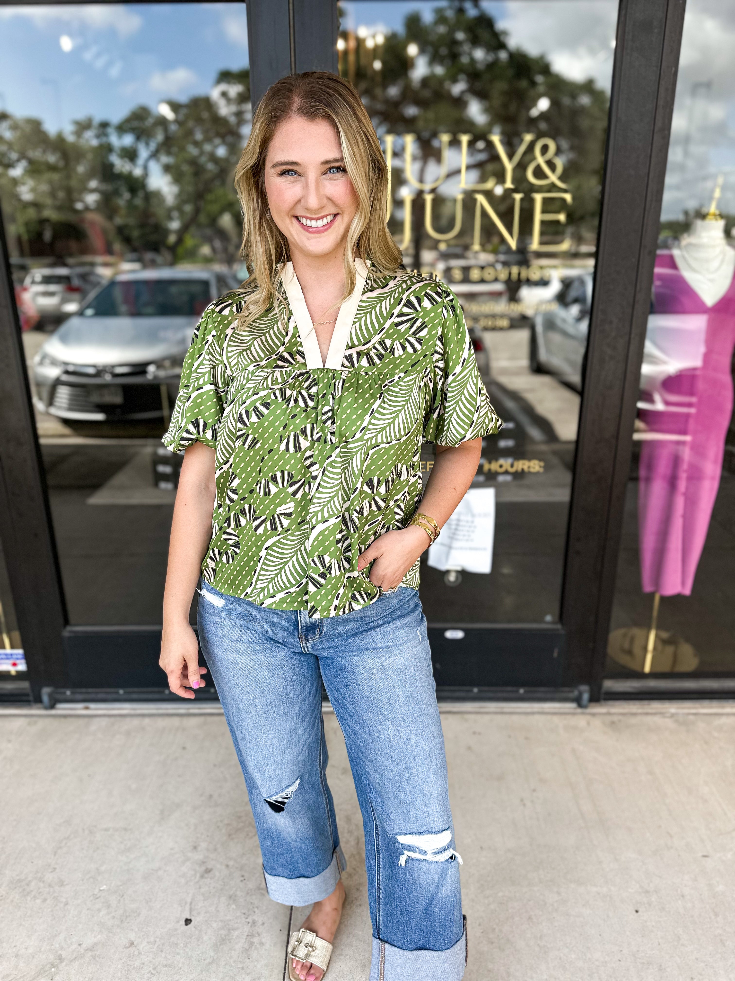 THML - Abstract Greenery Blouse-200 Fashion Blouses-THML-July & June Women's Fashion Boutique Located in San Antonio, Texas