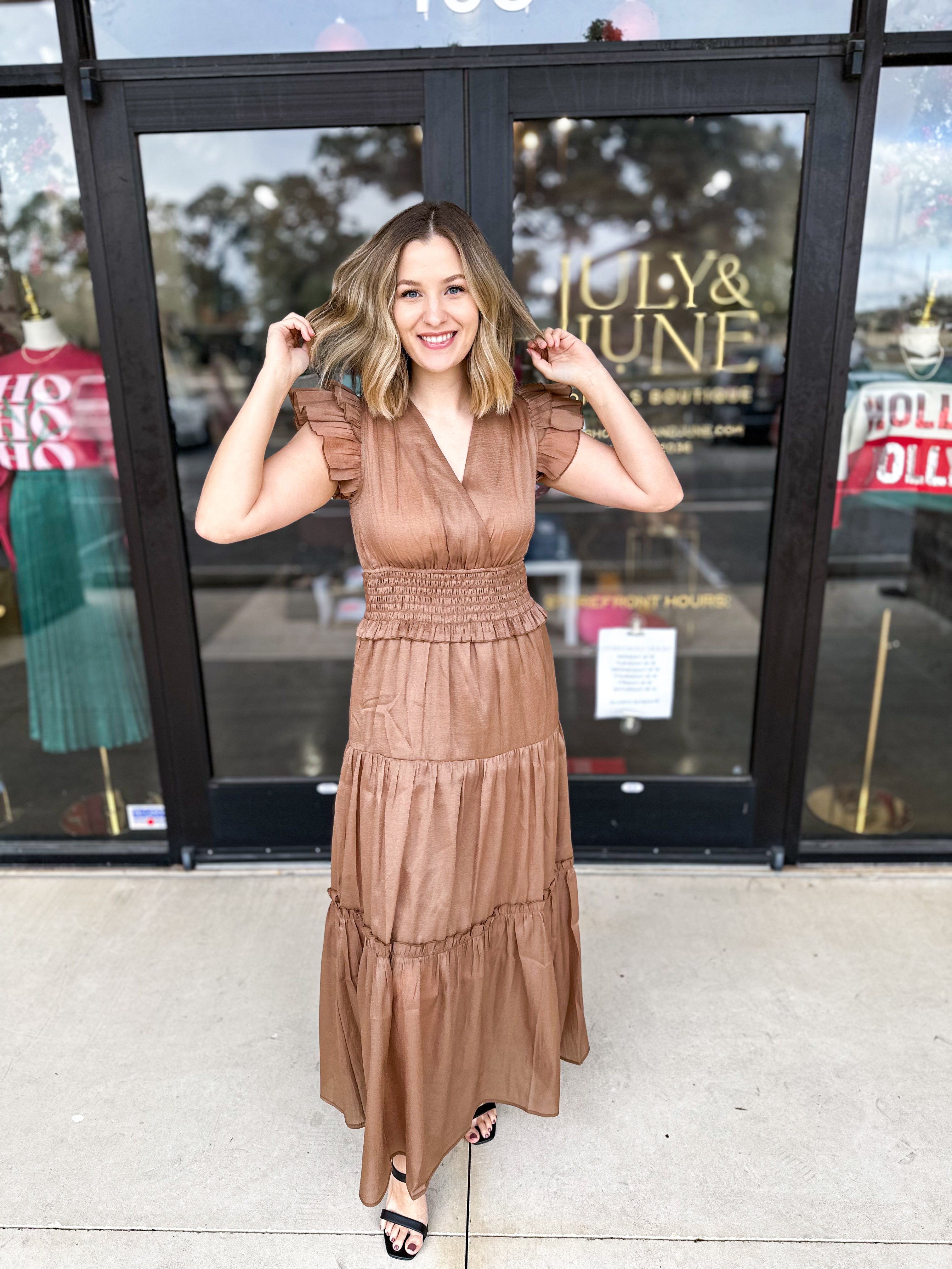 Golden Midi Dress-500 Midi-PINCH-July & June Women's Fashion Boutique Located in San Antonio, Texas