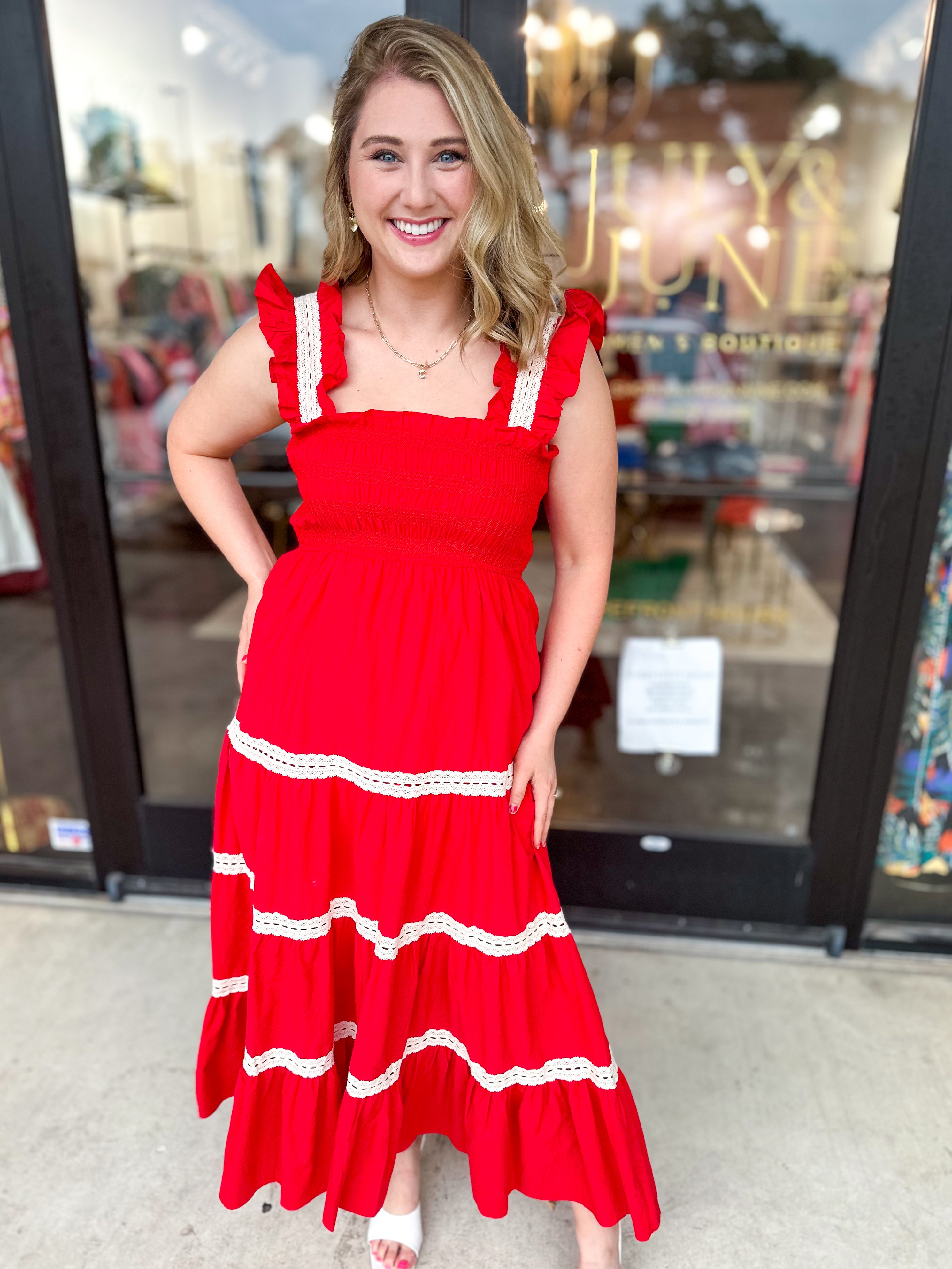 The Esmé Midi Dress - Red-500 Midi-PINCH-July & June Women's Fashion Boutique Located in San Antonio, Texas