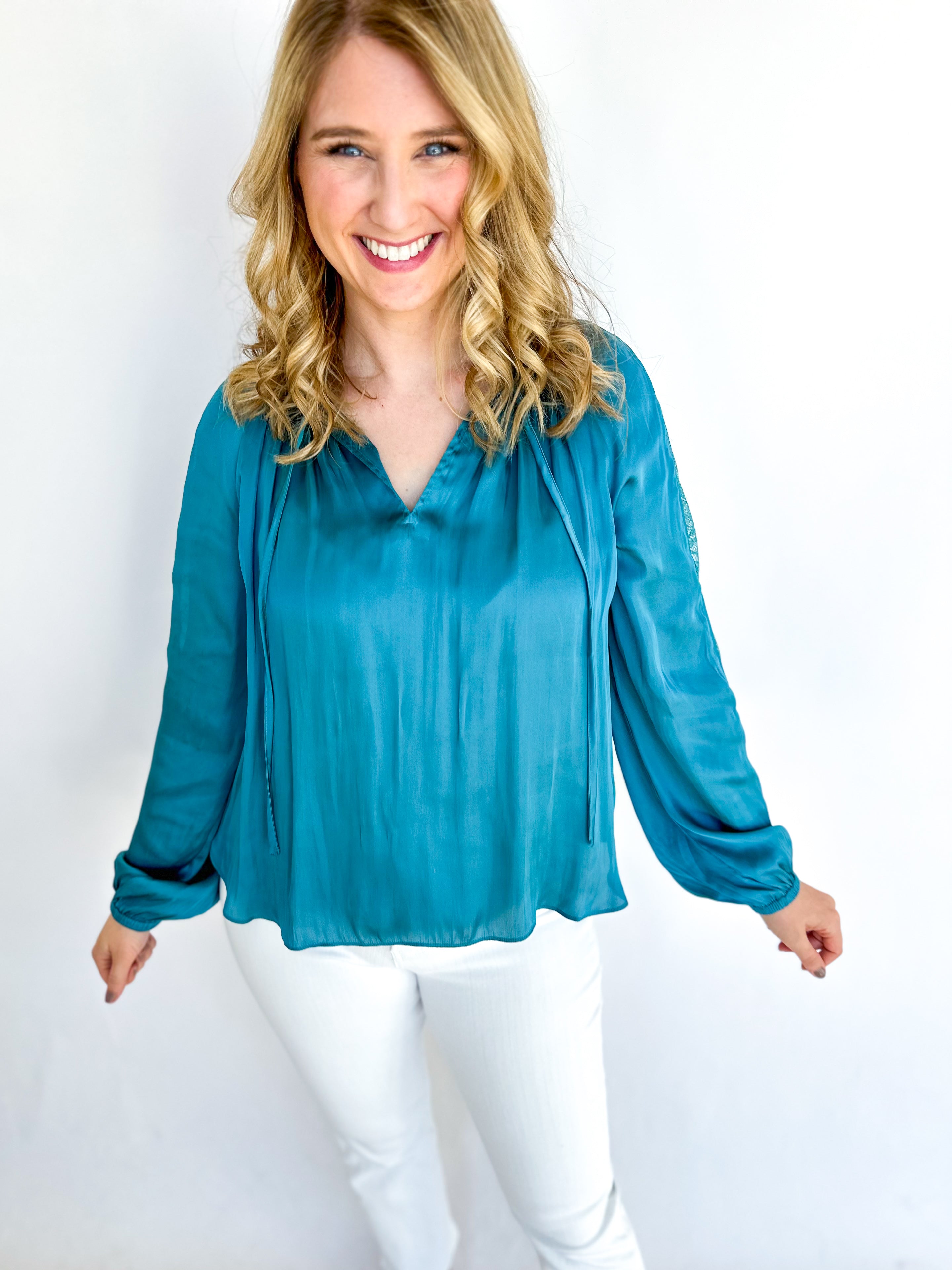 Ice Blue Lace Blouse-200 Fashion Blouses-CURRENT AIR CLOTHING-July & June Women's Fashion Boutique Located in San Antonio, Texas