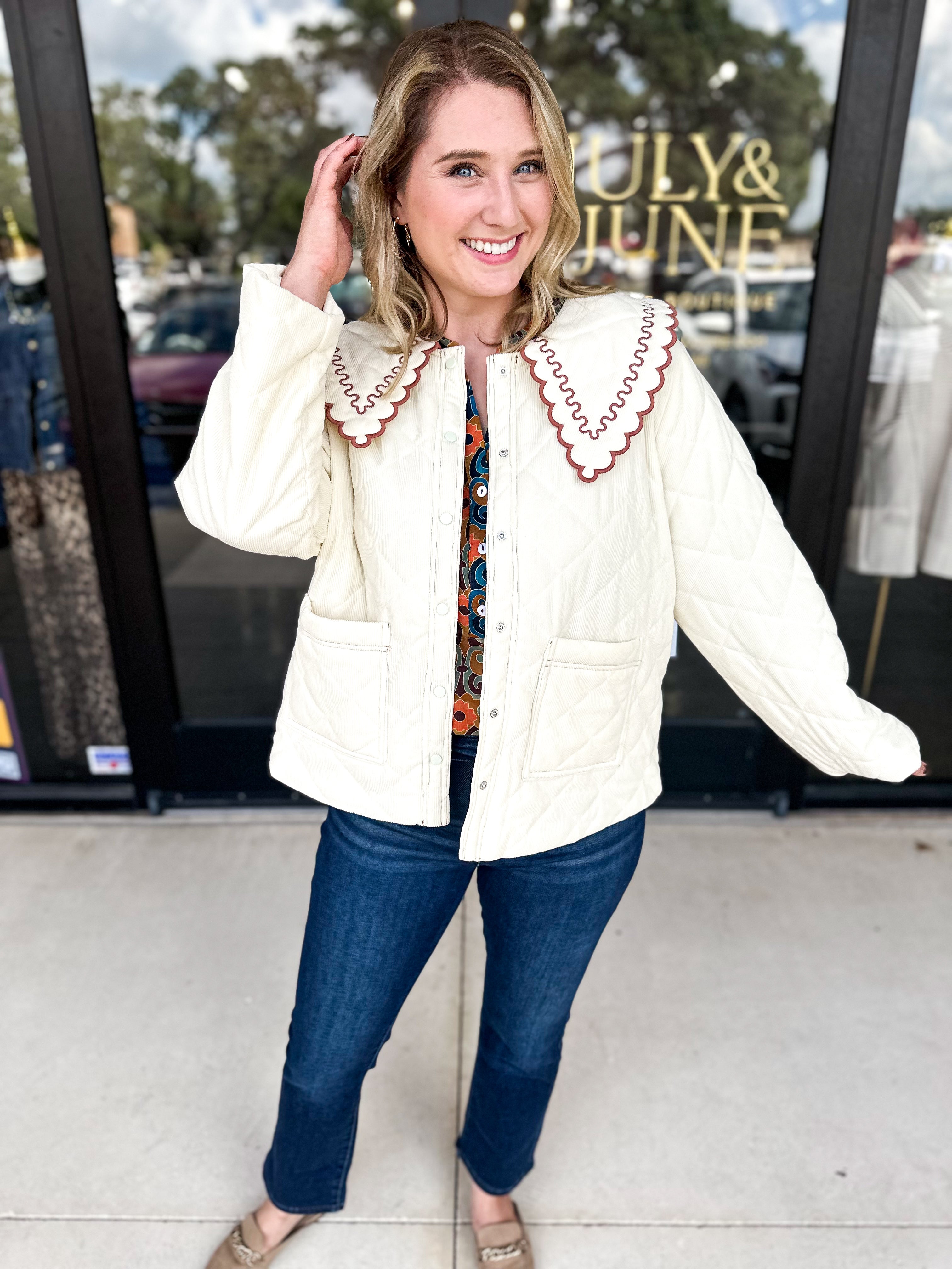 Emily Collared Quilted Jacket-600 Outerwear-ENTRO-July & June Women's Fashion Boutique Located in San Antonio, Texas