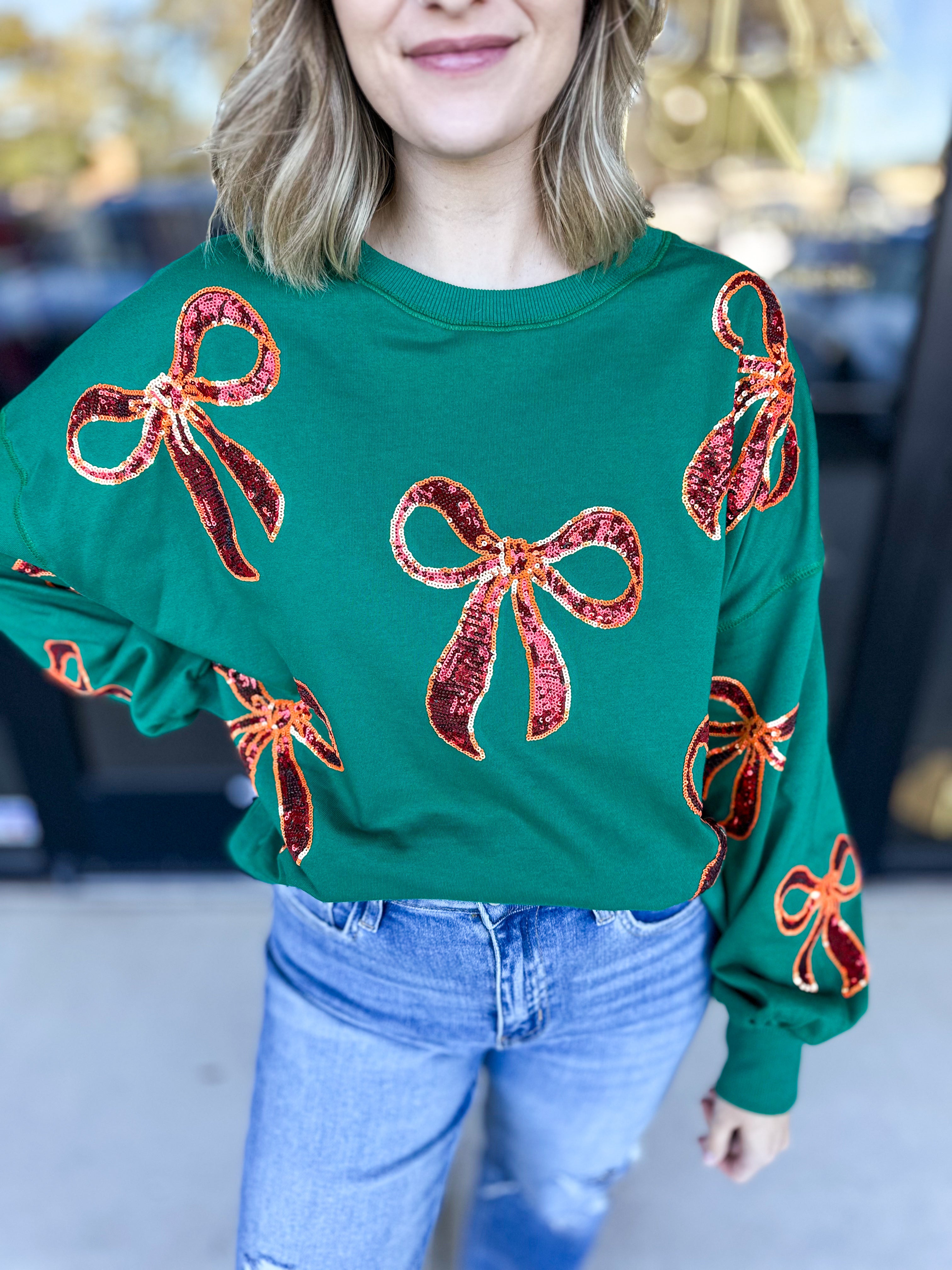 Sequin Christmas Bow Pullover Top-210 Casual Blouses-FANTASTIC FAWN-July & June Women's Fashion Boutique Located in San Antonio, Texas