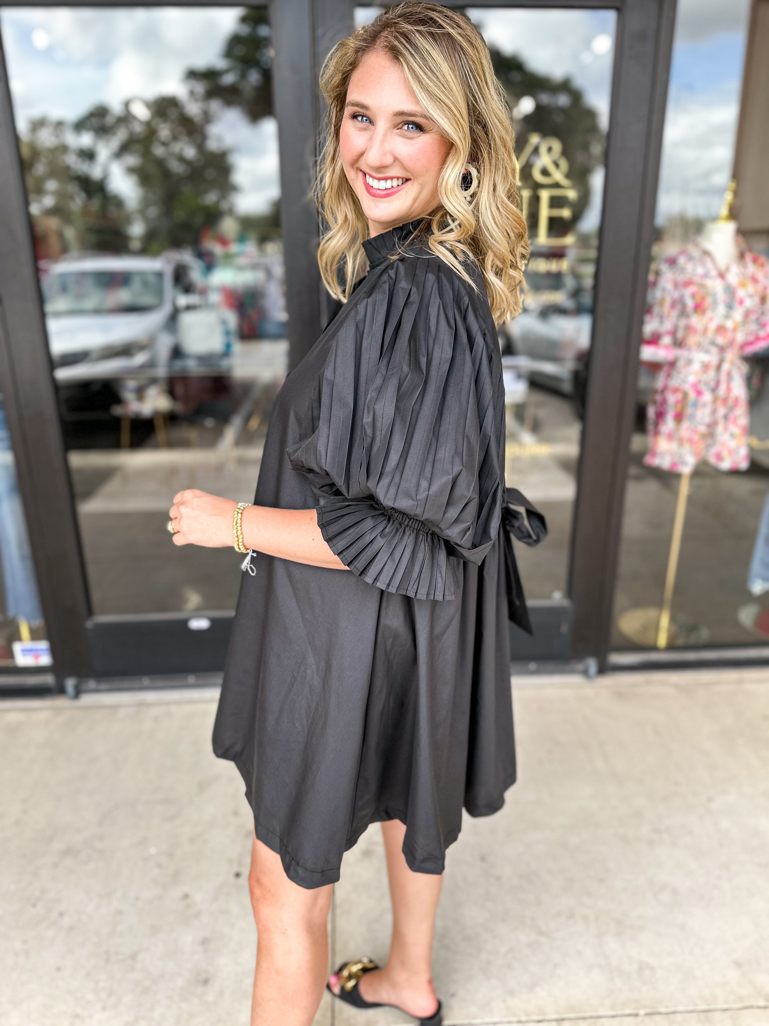 Black Pleated Mini Dress-510 Mini-&MERCI-July & June Women's Fashion Boutique Located in San Antonio, Texas