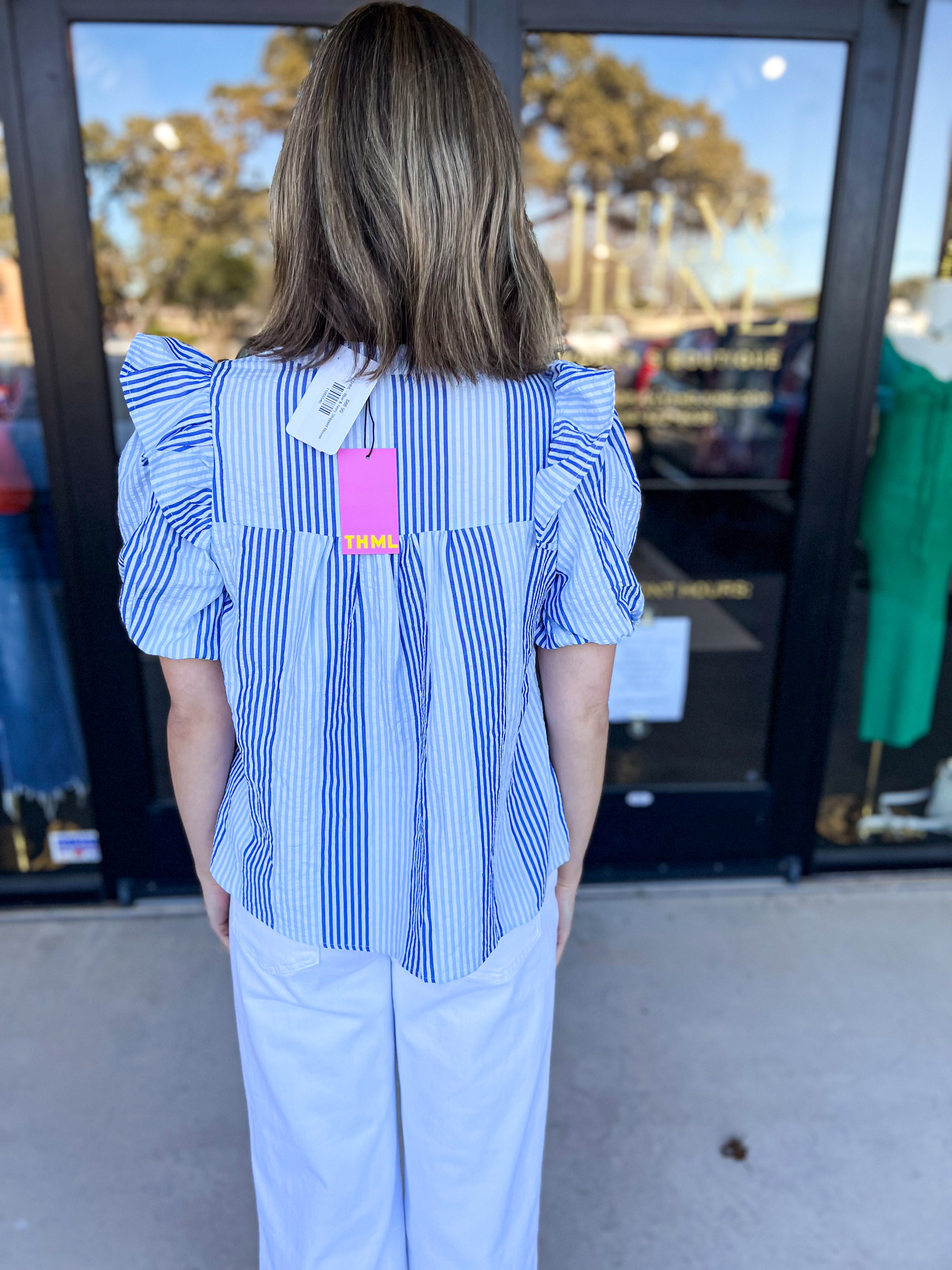 THML - Blue & Ivory Striped Blouse-200 Fashion Blouses-THML-July & June Women's Fashion Boutique Located in San Antonio, Texas