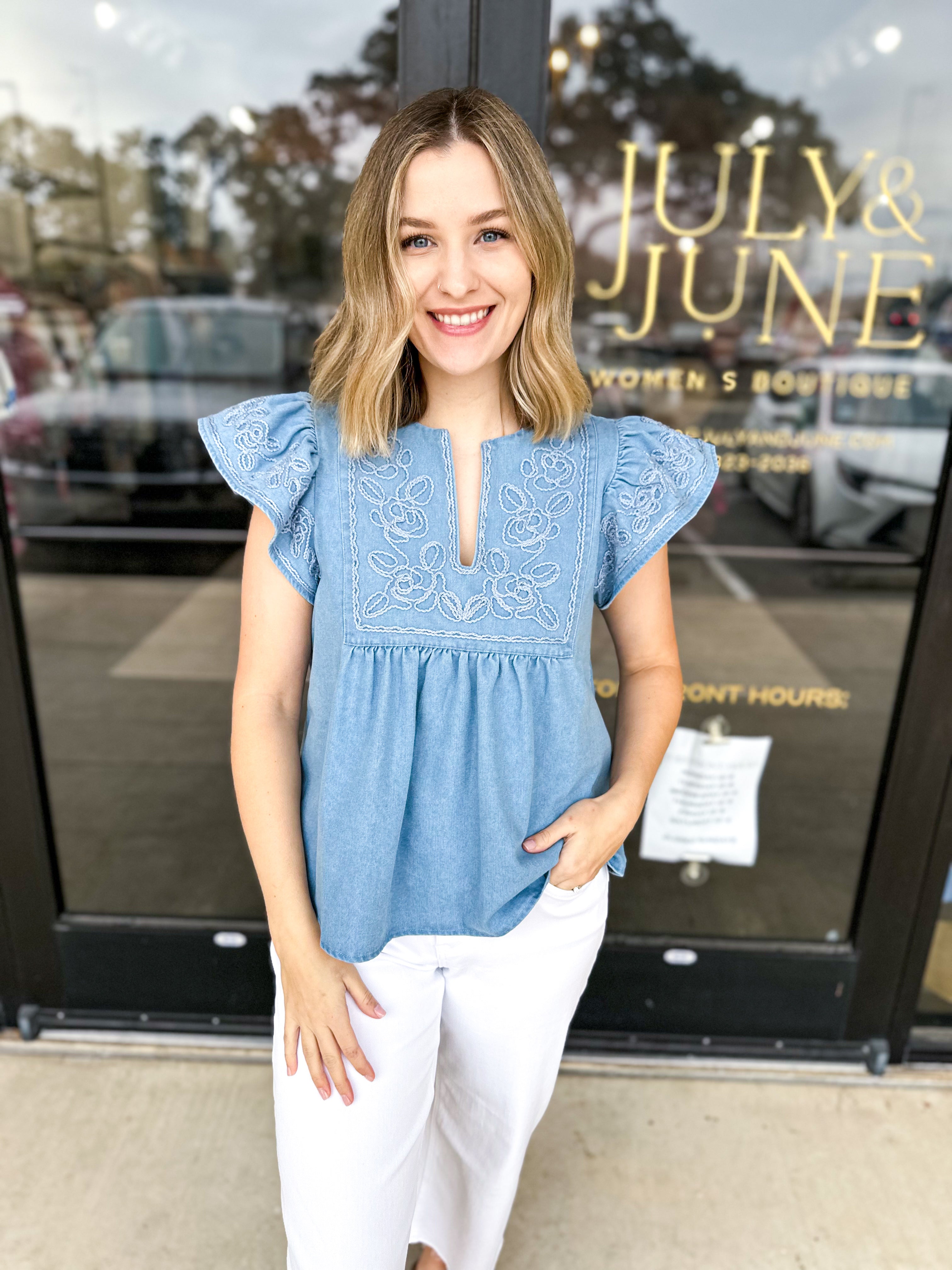 The Magnolia Embroidered Blouse - Light Blue-200 Fashion Blouses-ENTRO-July & June Women's Fashion Boutique Located in San Antonio, Texas