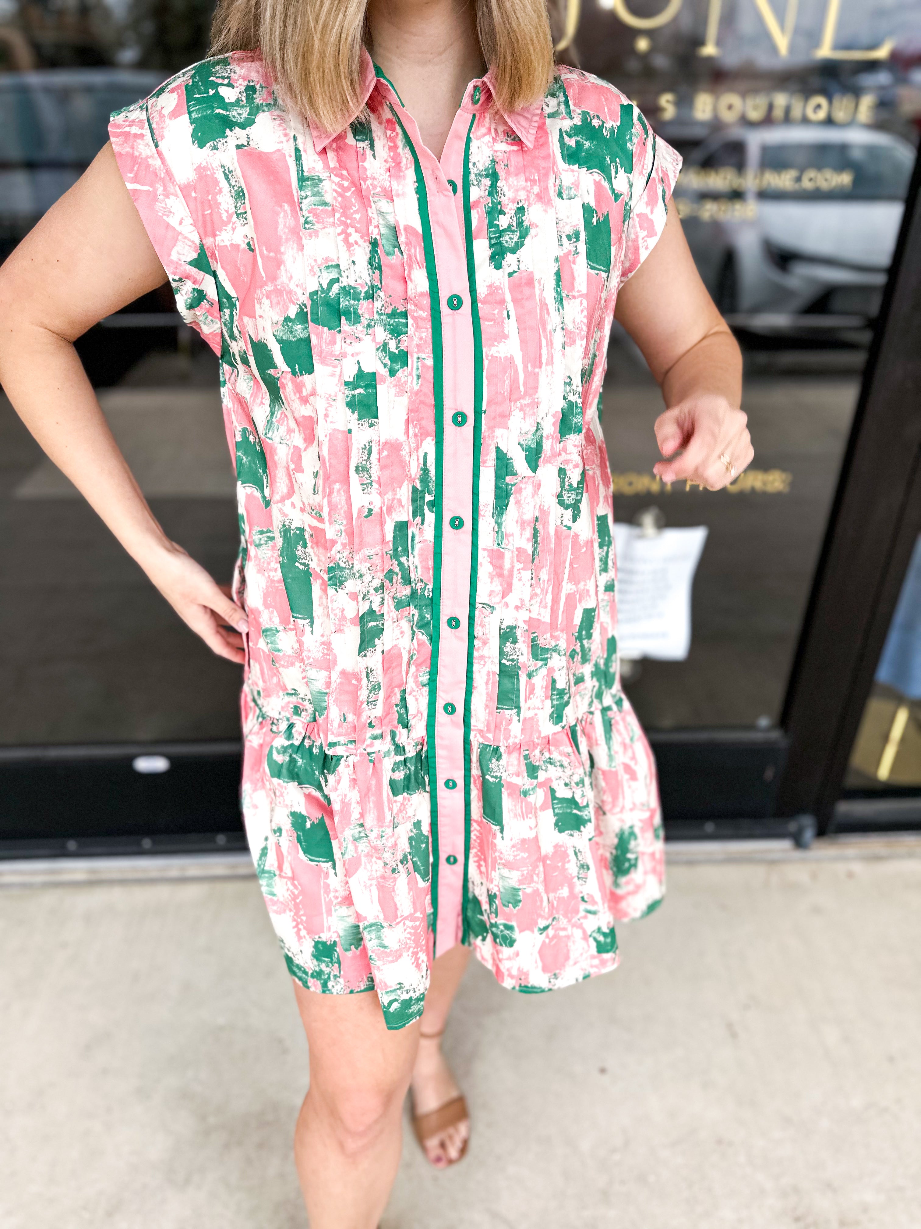 Watercolor Shift Dress - Pink & Green Combo-510 Mini-ENTRO-July & June Women's Fashion Boutique Located in San Antonio, Texas