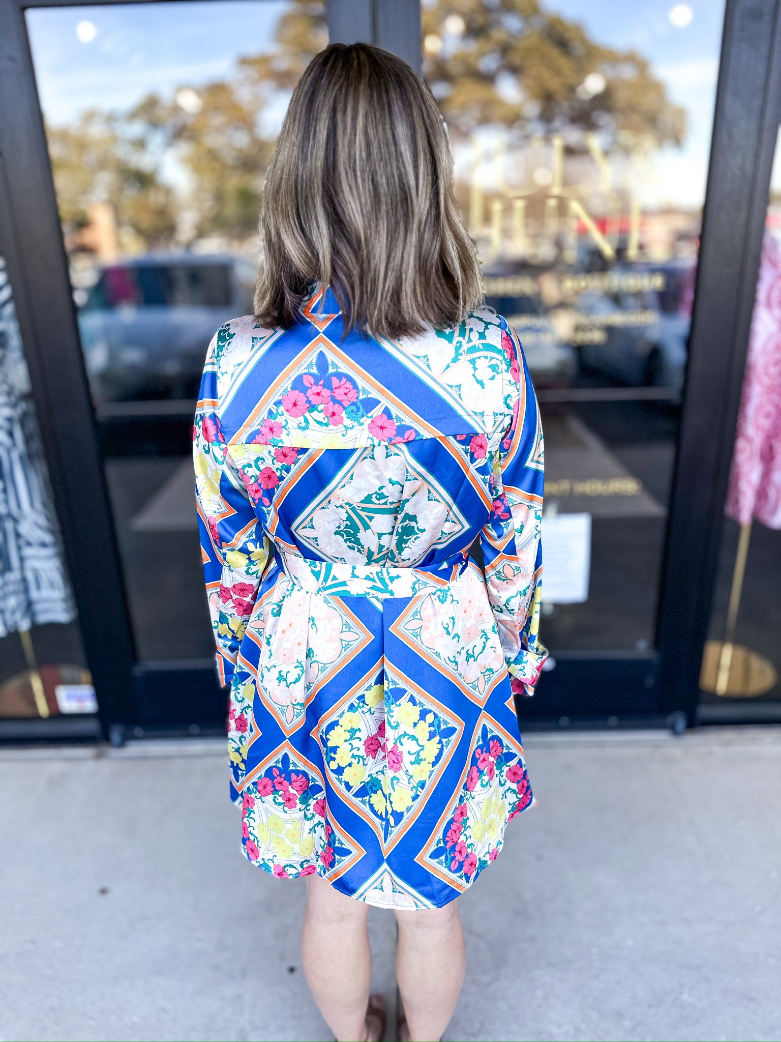 Royal Blue Scarf Print Mini Dress-510 Mini-FATE-July & June Women's Fashion Boutique Located in San Antonio, Texas