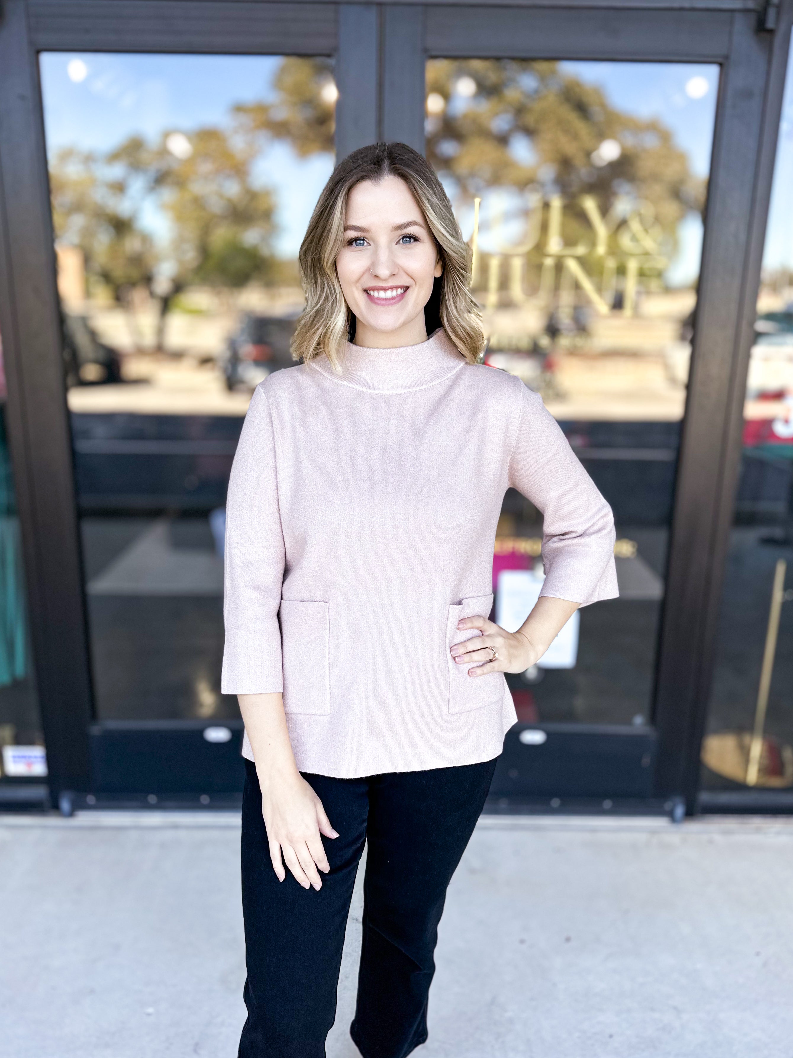 Sparkle Mock Neck Sweater- Rosé-230 Sweaters/Cardis-FATE-July & June Women's Fashion Boutique Located in San Antonio, Texas