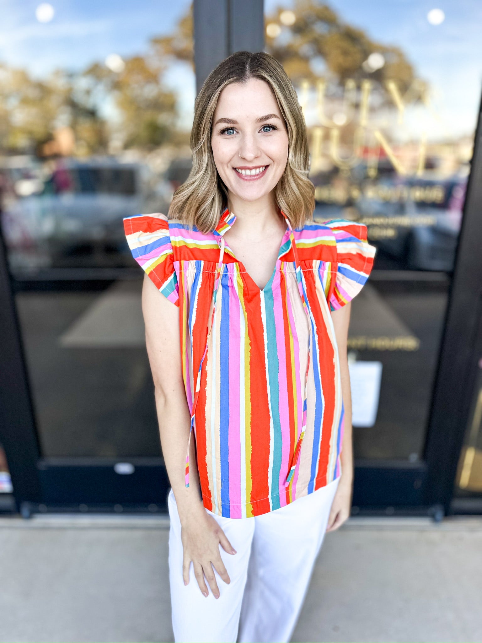 Orange Multi Flutter Sleeve Blouse-200 Fashion Blouses-FATE-July & June Women's Fashion Boutique Located in San Antonio, Texas