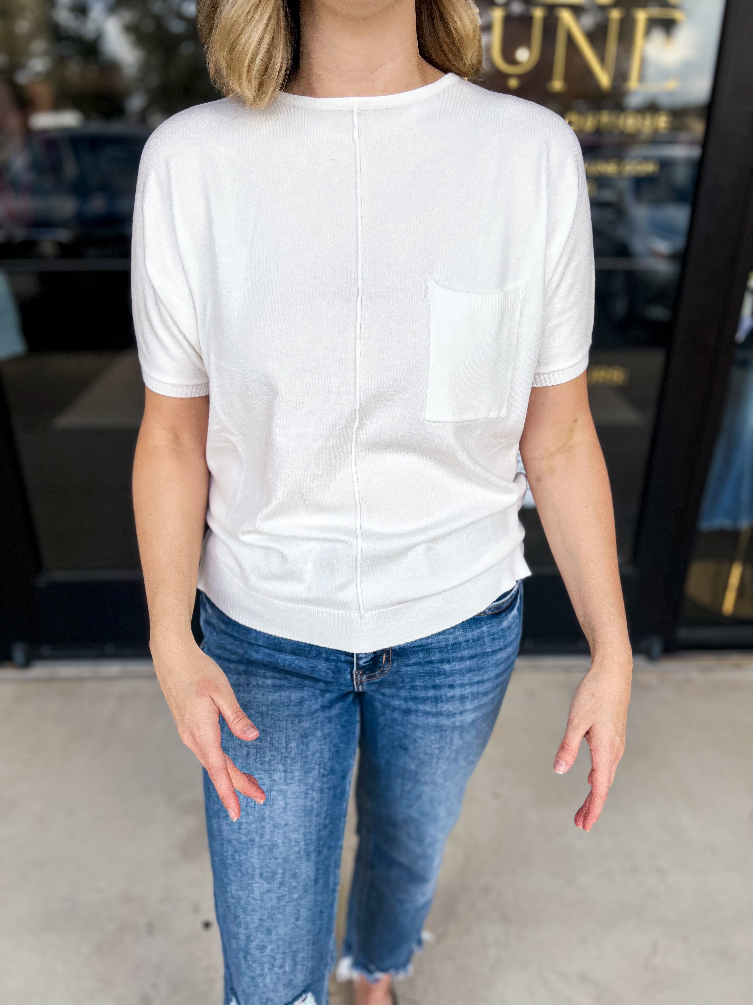 Comfy Pocket Sweater Tee - White-200 Fashion Blouses-ALLIE ROSE-July & June Women's Fashion Boutique Located in San Antonio, Texas