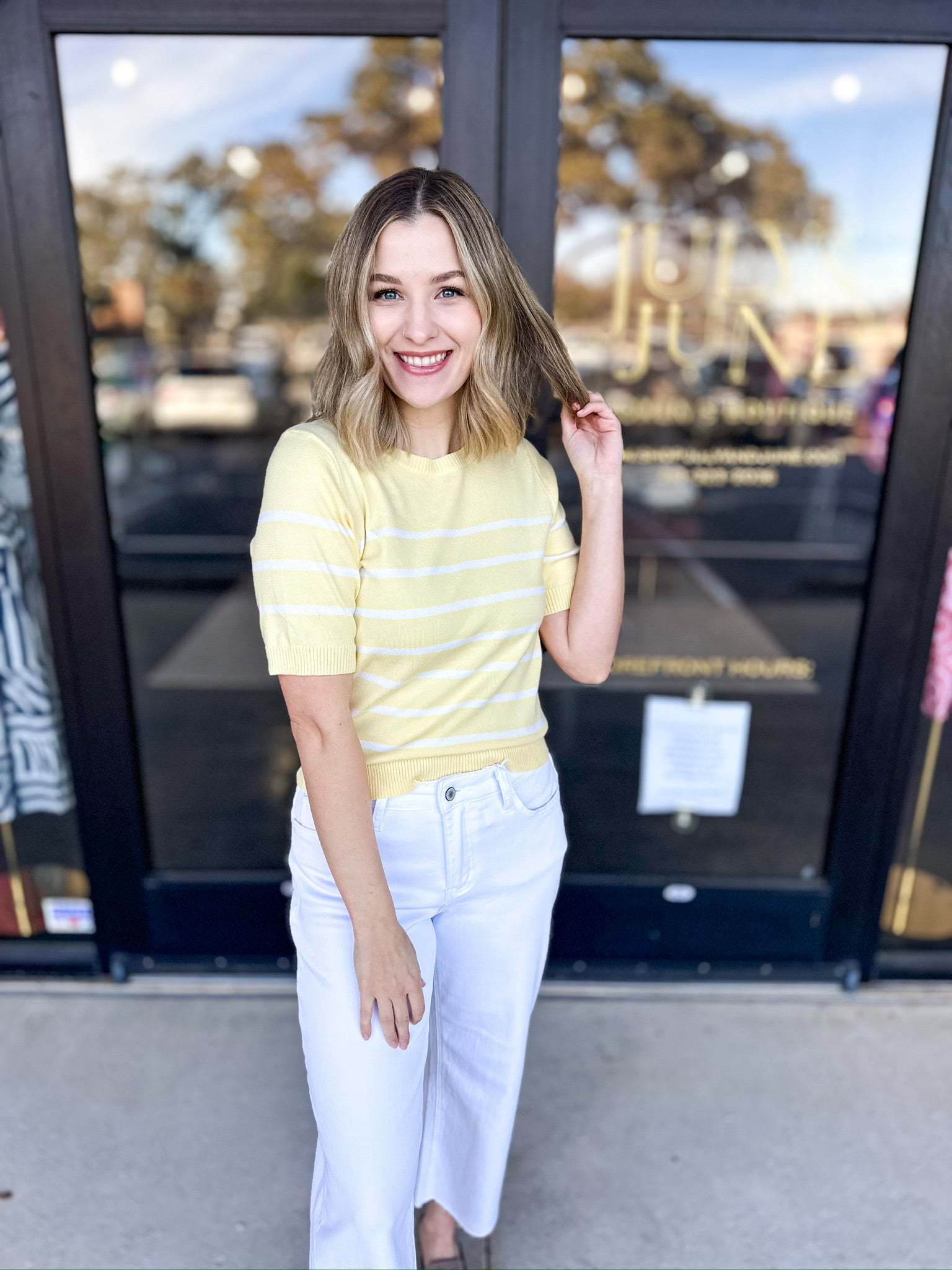 Springtime Short Sleeve Sweater Top - Lemon-230 Sweaters/Cardis-ALLIE ROSE-July & June Women's Fashion Boutique Located in San Antonio, Texas