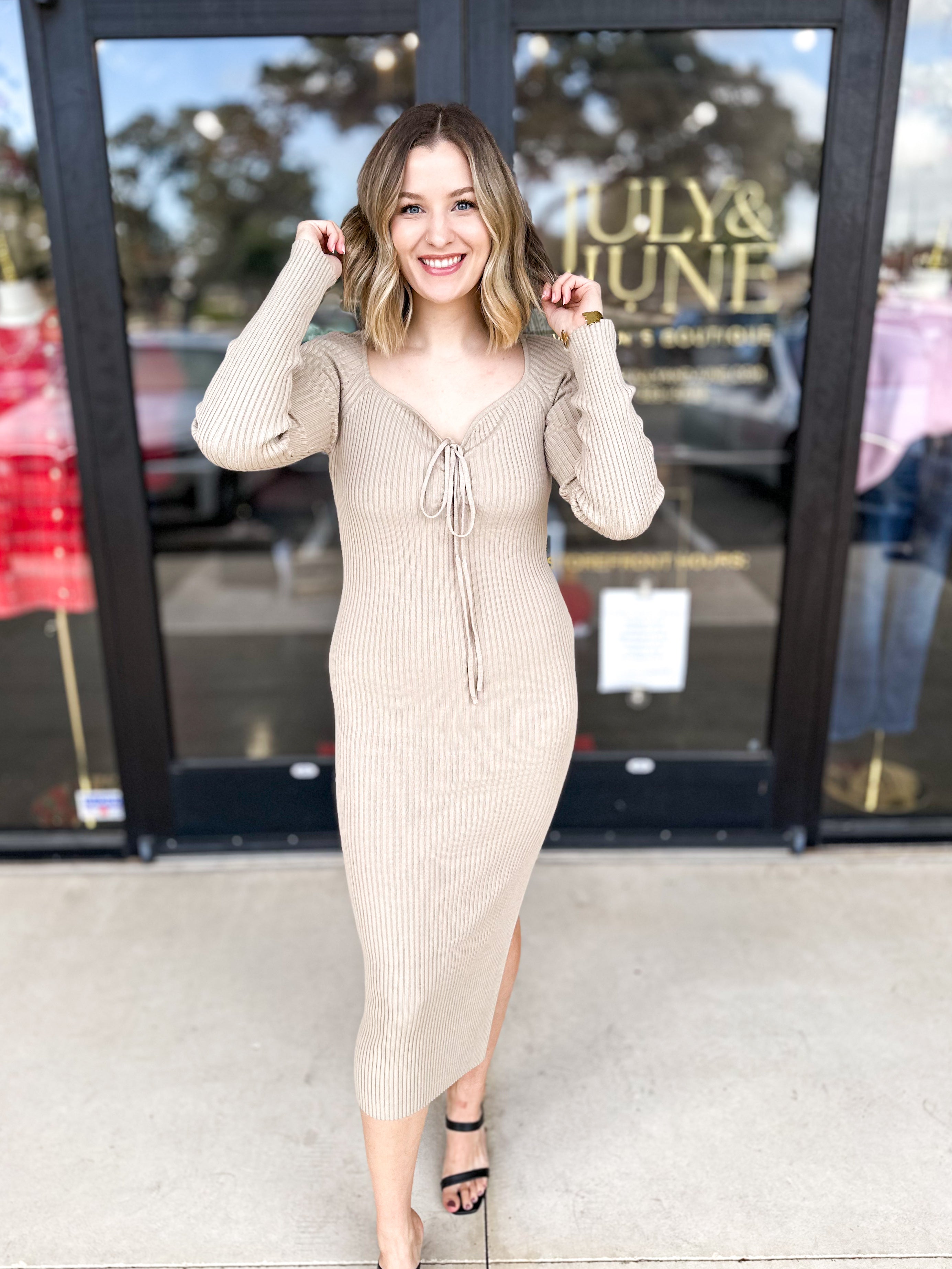 Ribbed Midi Dress -Sand-PINK FRIDAY DOORBUSTER- ONLINE-PINK FRIDAY DOORBUSTERS-SKIES ARE BLUE-July & June Women's Fashion Boutique Located in San Antonio, Texas