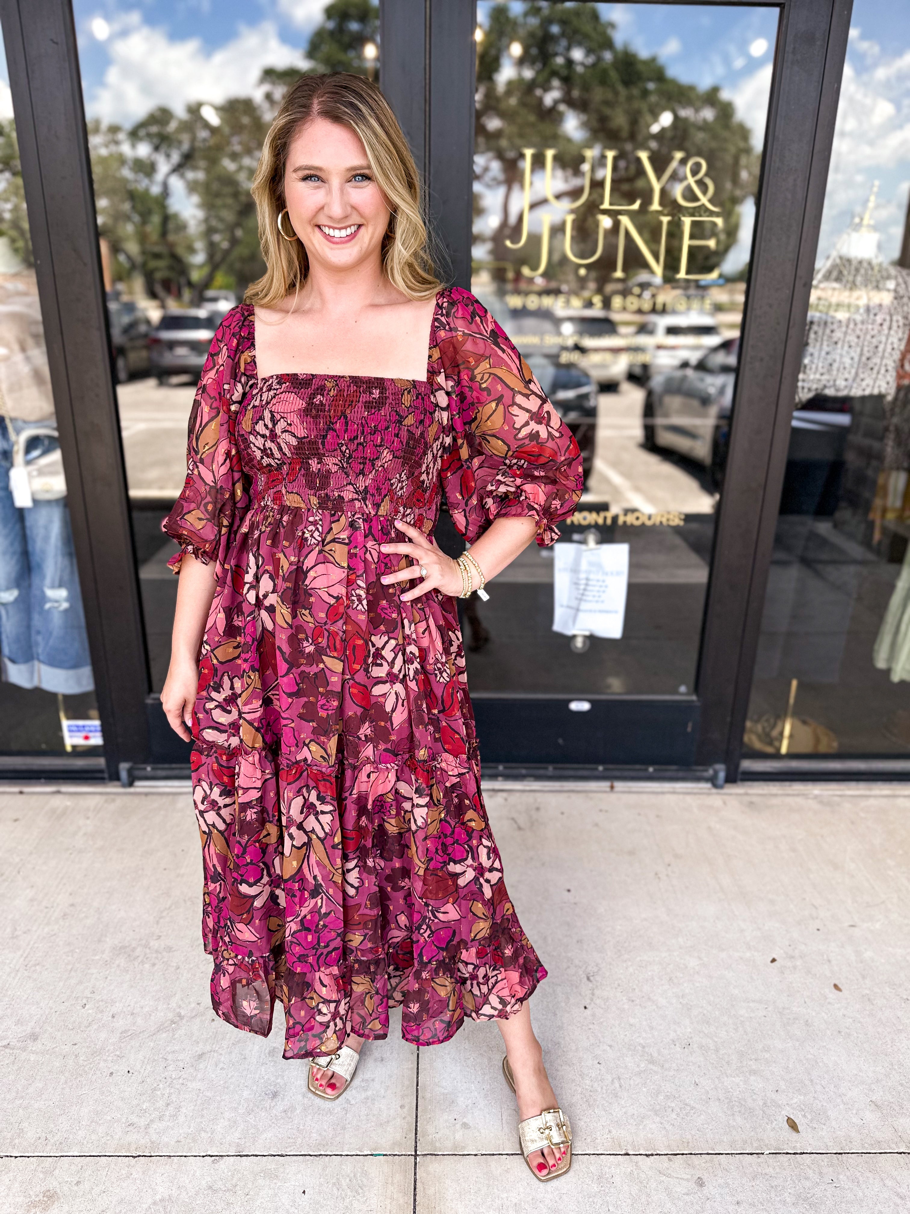 Burgundy Floral Midi Dress-500 Midi-FATE-July & June Women's Fashion Boutique Located in San Antonio, Texas