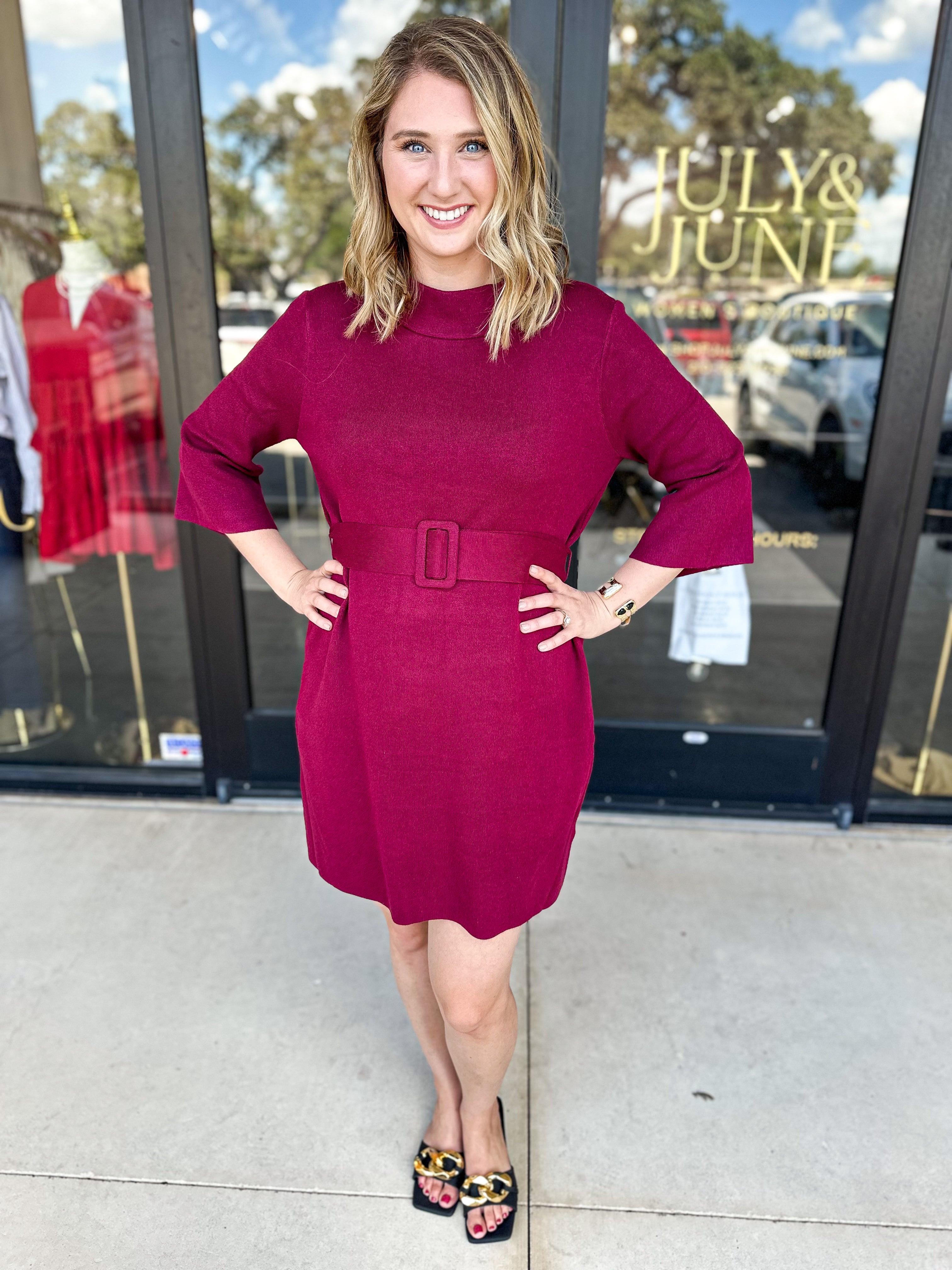 Merlot Belted Sweater Mini Dress-510 Mini-FATE-July & June Women's Fashion Boutique Located in San Antonio, Texas