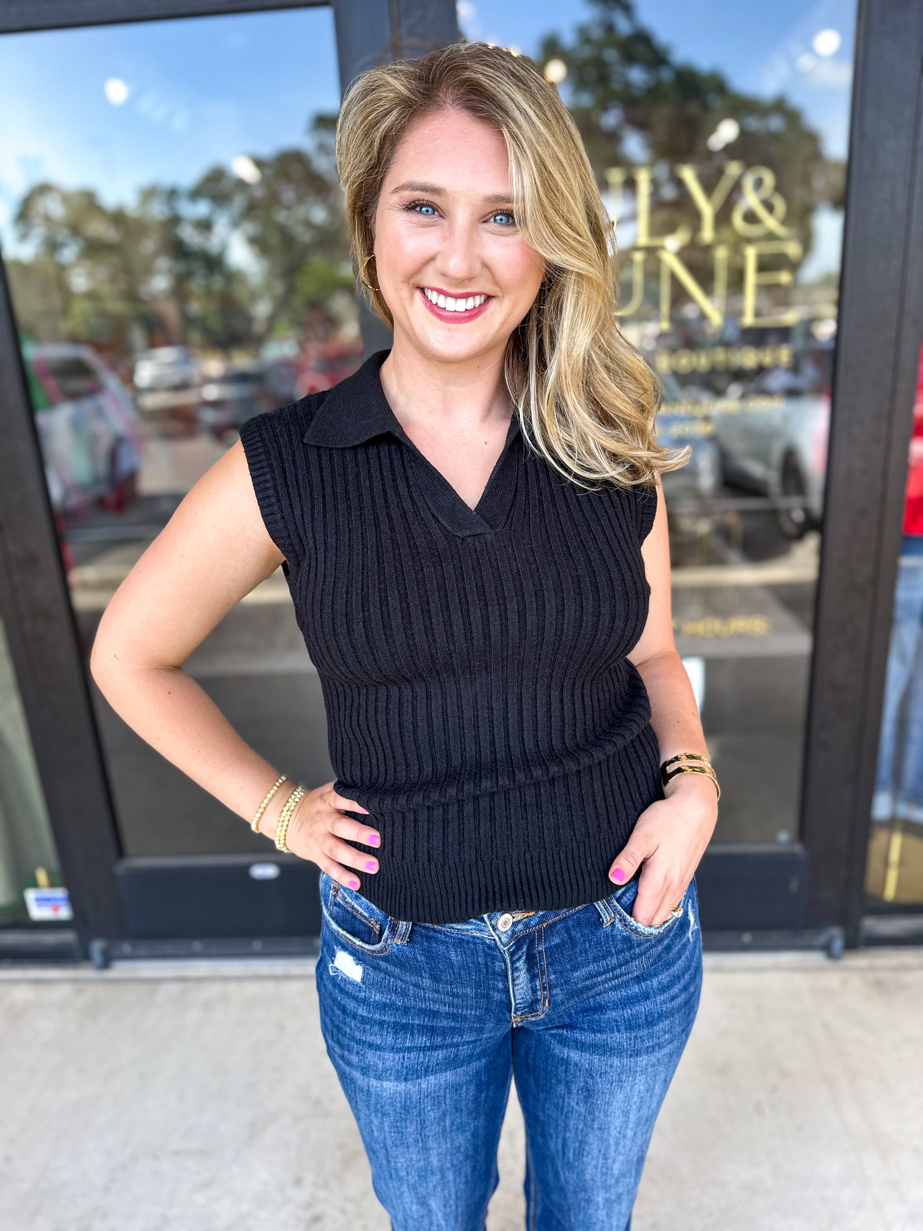 Collared Sweater Top - Black-230 Sweaters/Cardis-PINCH-July & June Women's Fashion Boutique Located in San Antonio, Texas