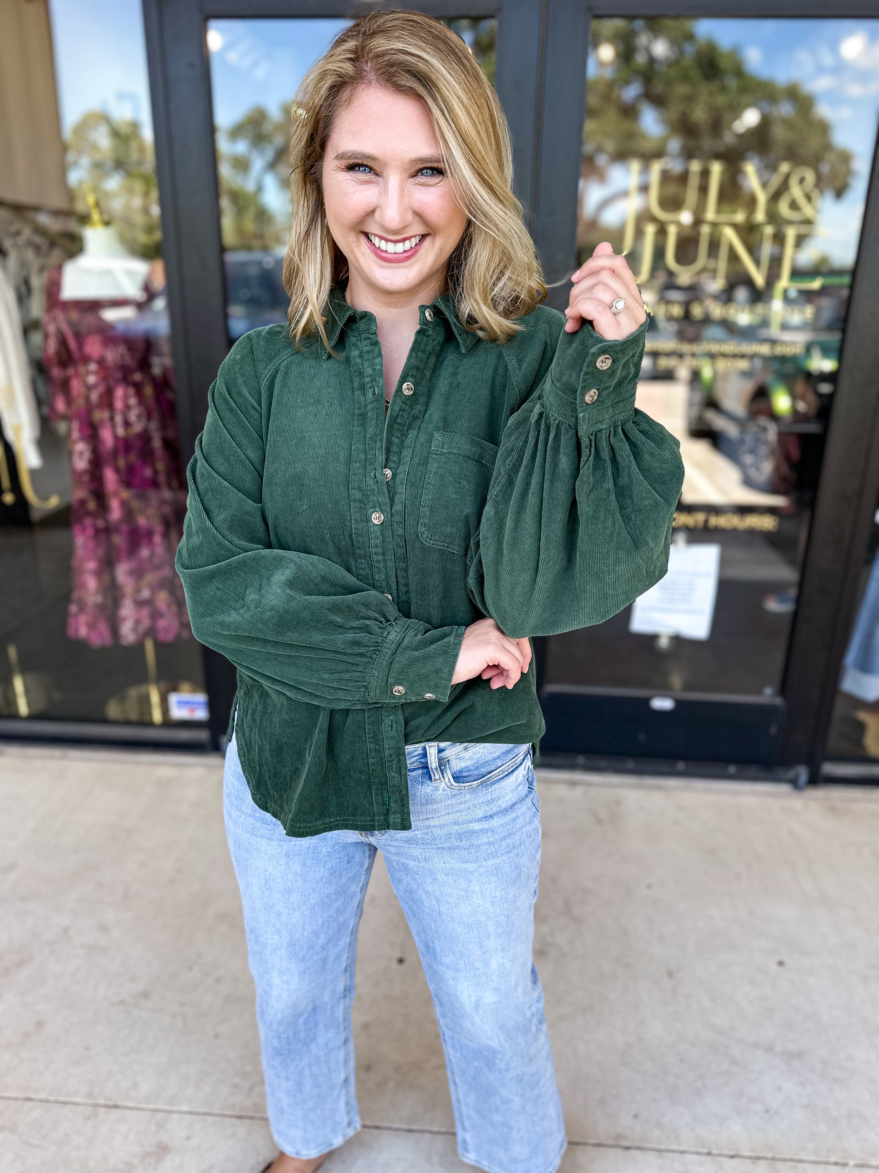 Corduroy Button Down - Deep Green-200 Fashion Blouses-JODIFL-July & June Women's Fashion Boutique Located in San Antonio, Texas