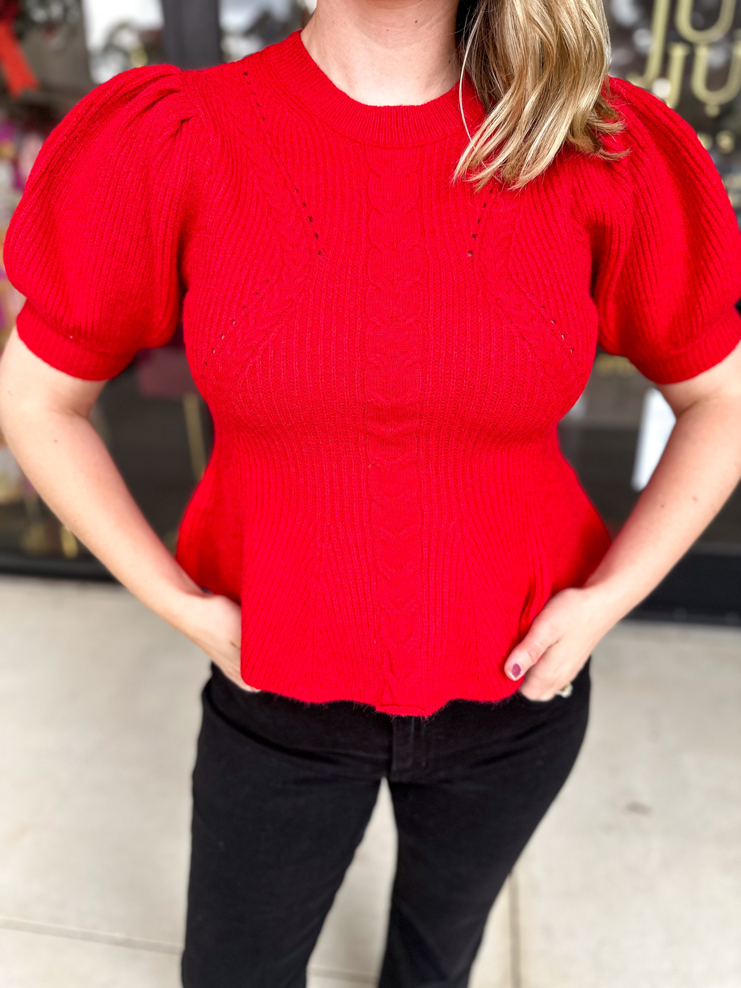 Peplum Sweater Top - Red-230 Sweaters/Cardis-ENTRO-July & June Women's Fashion Boutique Located in San Antonio, Texas