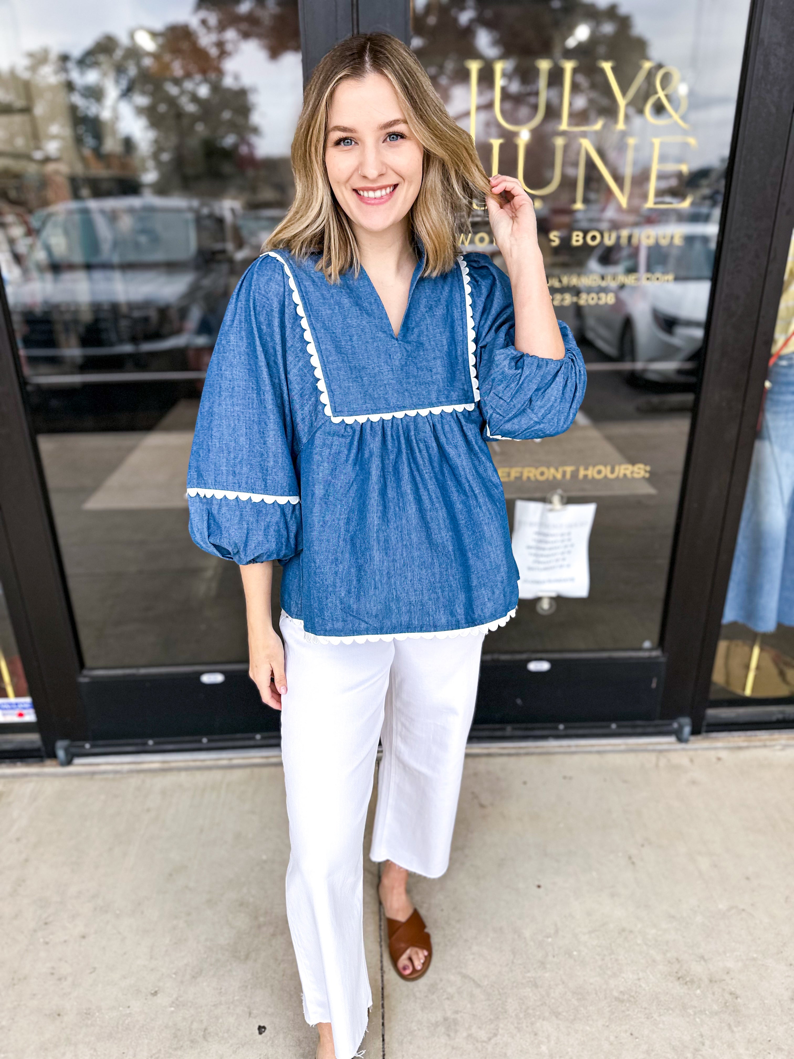 Denim Daze Blouse-200 Fashion Blouses-ENTRO-July & June Women's Fashion Boutique Located in San Antonio, Texas