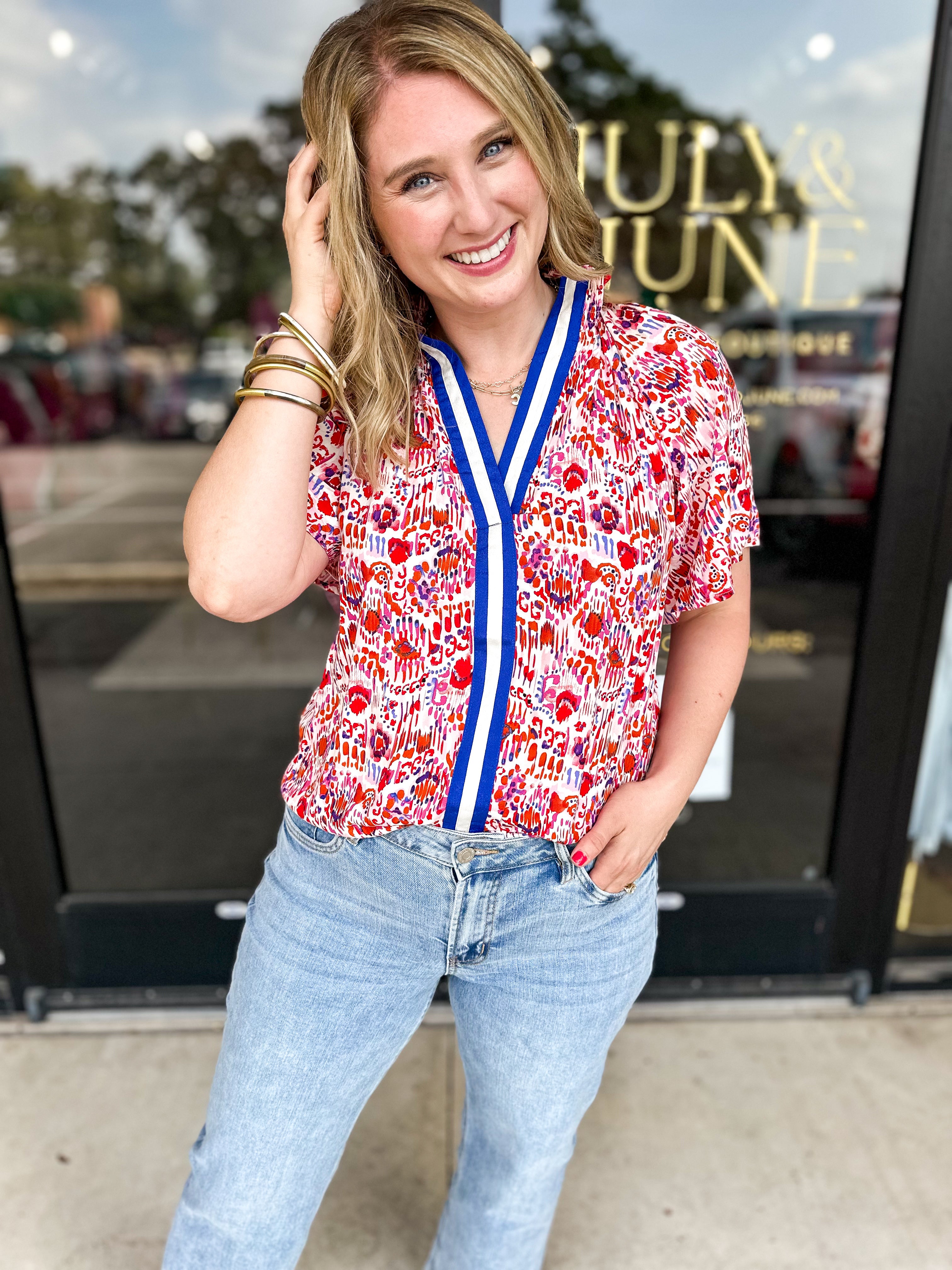 THML - Red & Blue Contrast Stripe Blouse-200 Fashion Blouses-THML-July & June Women's Fashion Boutique Located in San Antonio, Texas