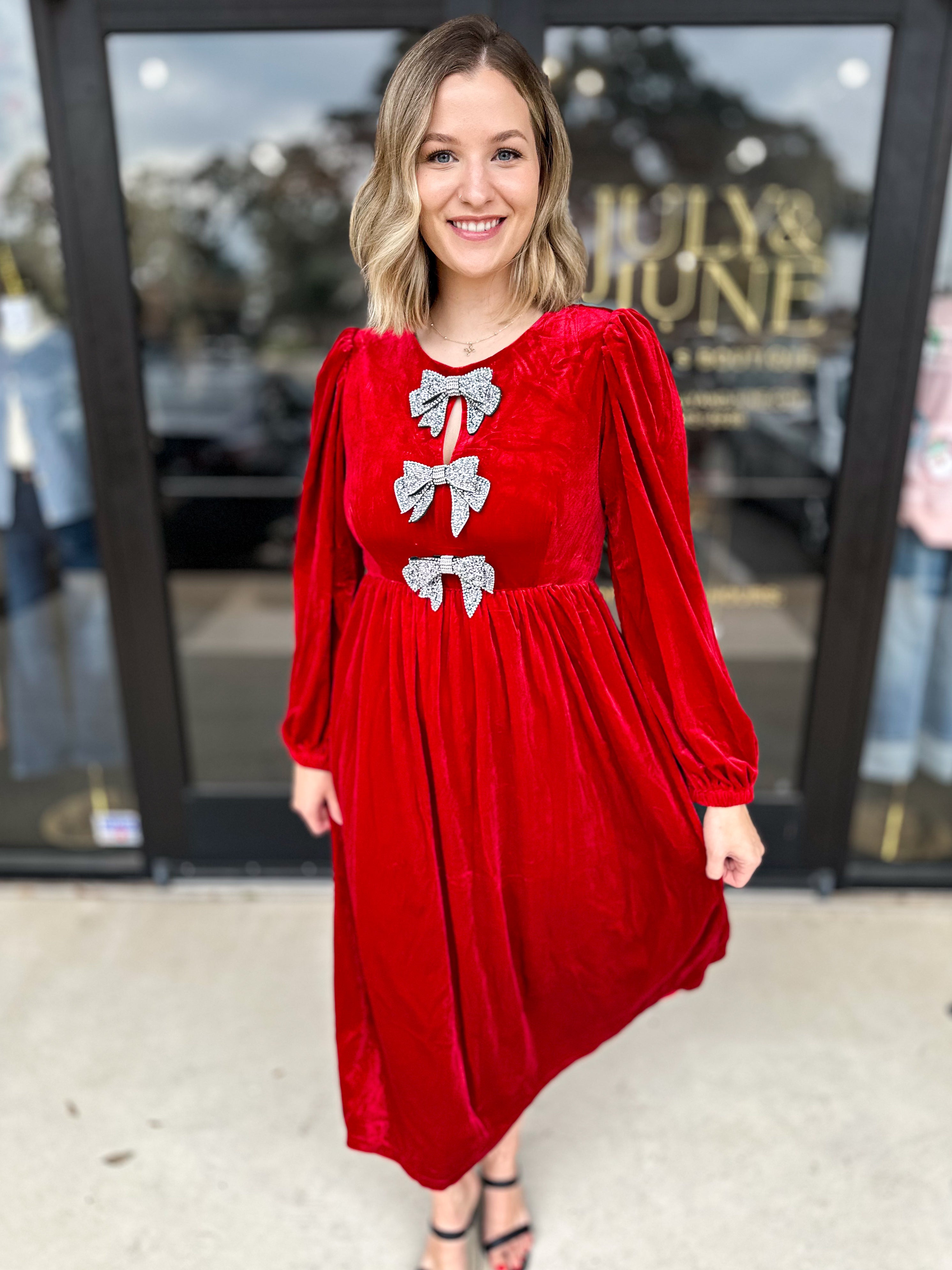 Triple Bow Velvet Midi Dress - Red-500 Midi-SUGARLIPS-July & June Women's Fashion Boutique Located in San Antonio, Texas