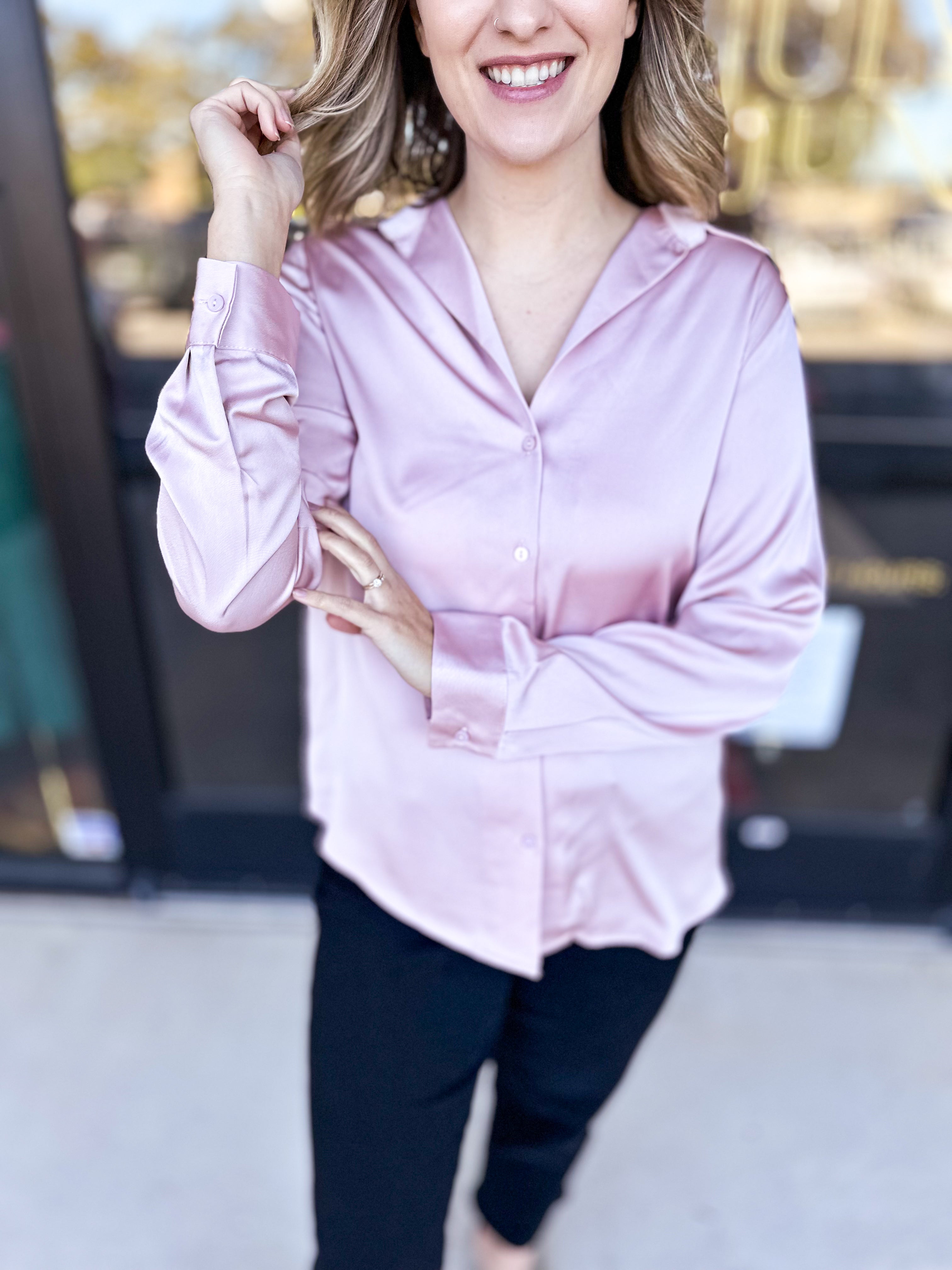 Dusty Pink Button Down Blouse-200 Fashion Blouses-SKIES ARE BLUE-July & June Women's Fashion Boutique Located in San Antonio, Texas