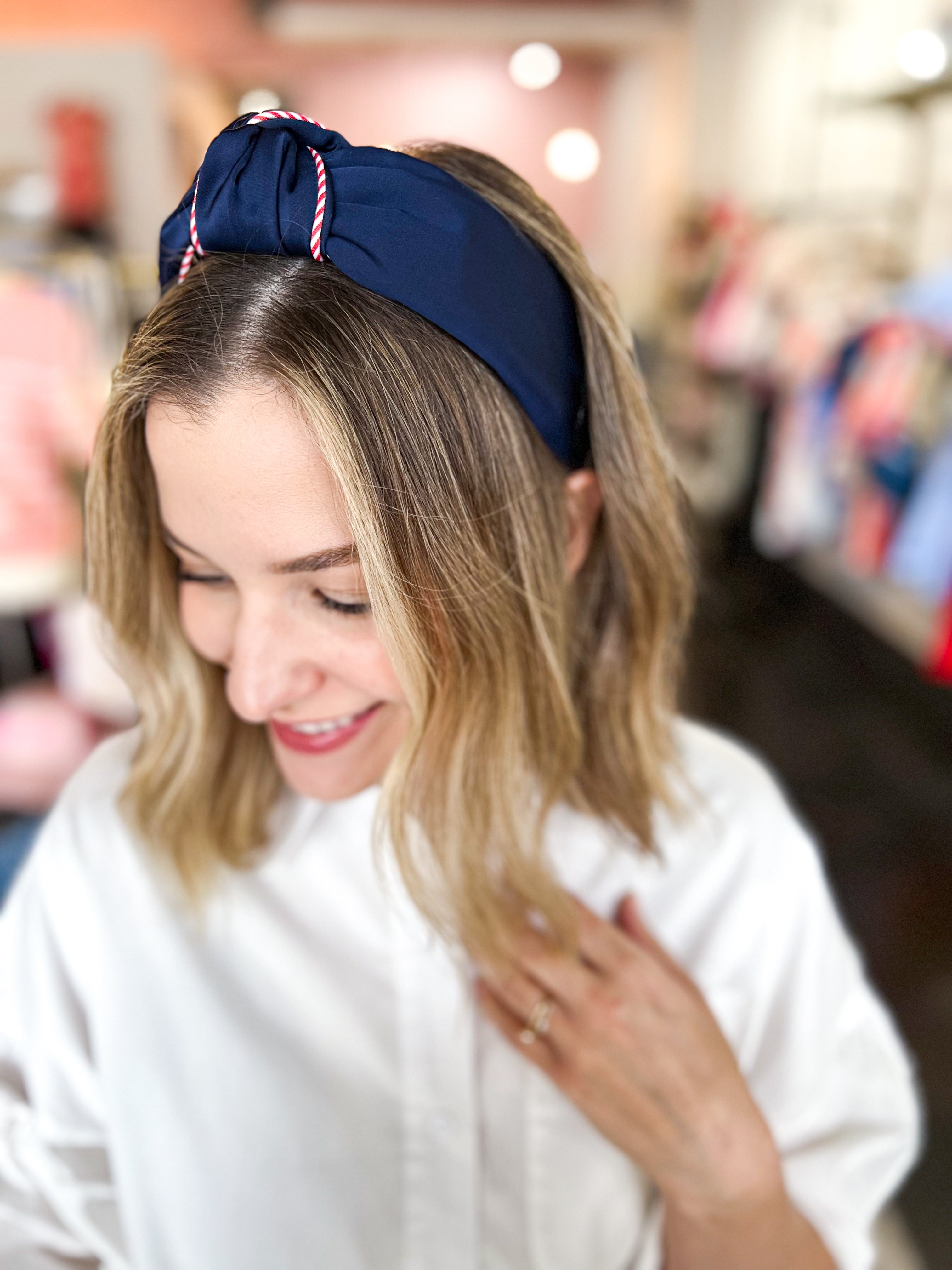 Stripe Trim Knotted Headband - Navy-130 ACCESSORIES-SHIRALEAH-July & June Women's Fashion Boutique Located in San Antonio, Texas