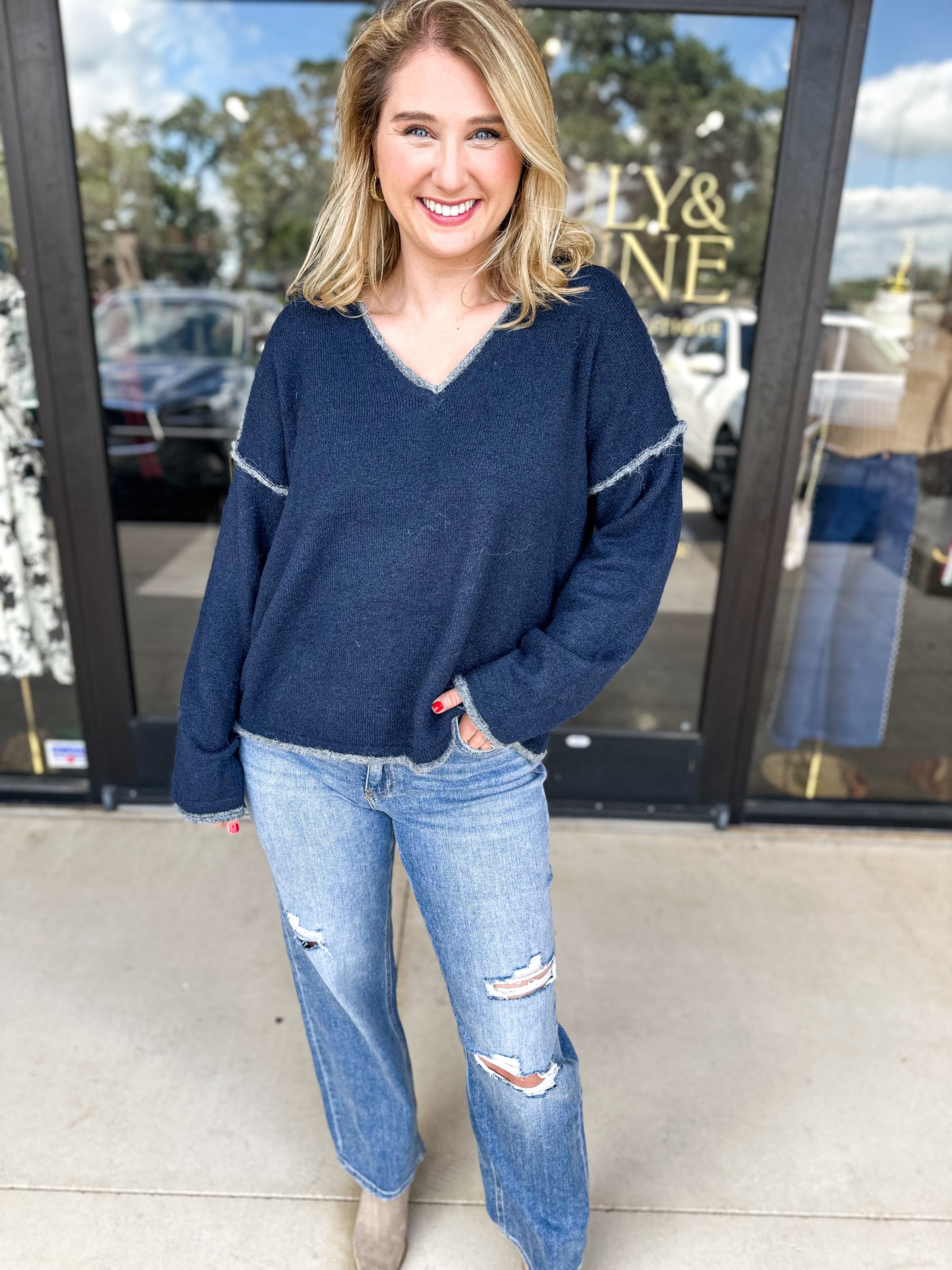 Navy Vintage Sweater-230 Sweaters/Cardis-PINCH-July & June Women's Fashion Boutique Located in San Antonio, Texas