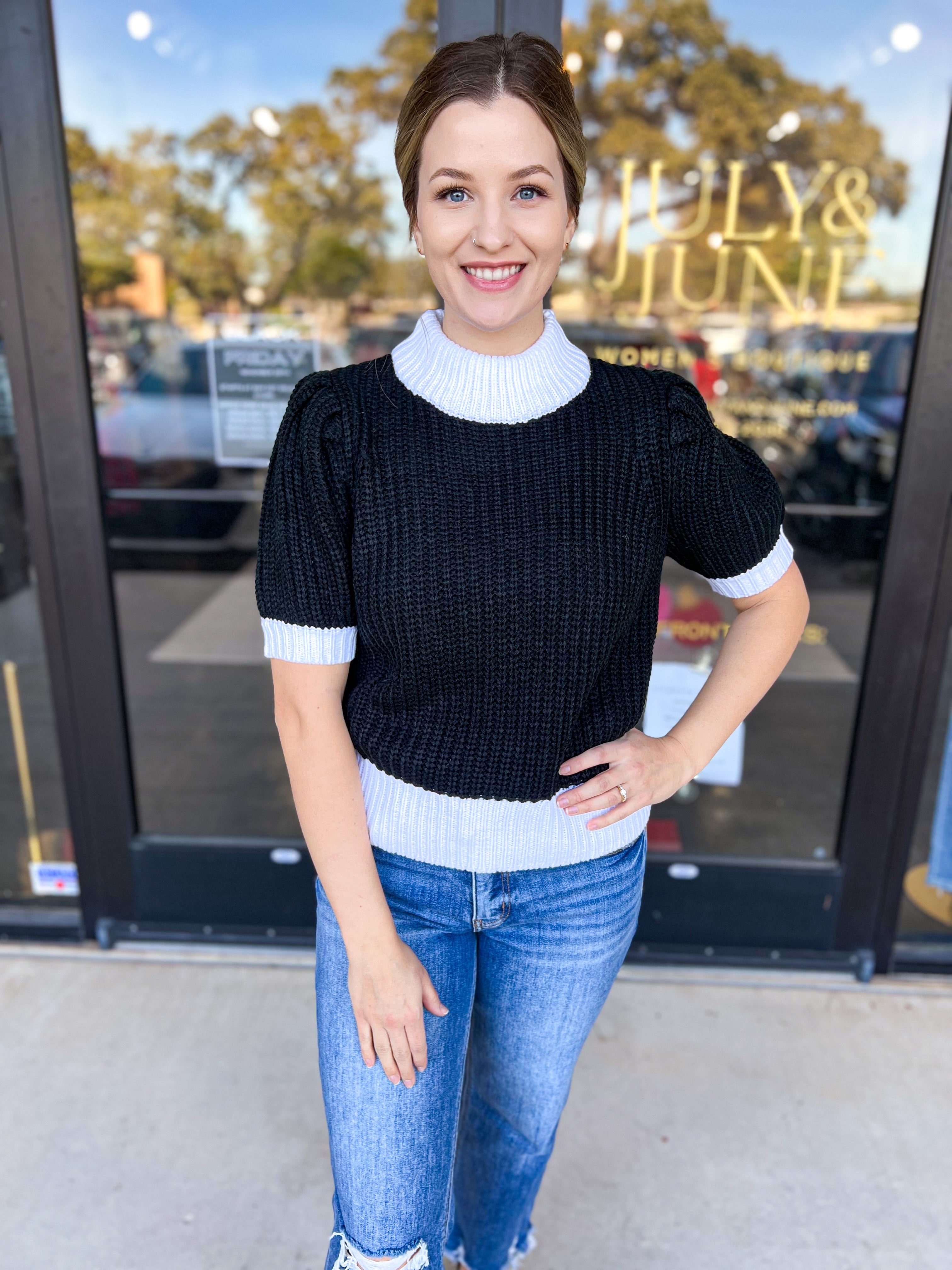 Black & White Short Sleeve Knit-230 Sweaters/Cardis-SUGARLIPS-July & June Women's Fashion Boutique Located in San Antonio, Texas