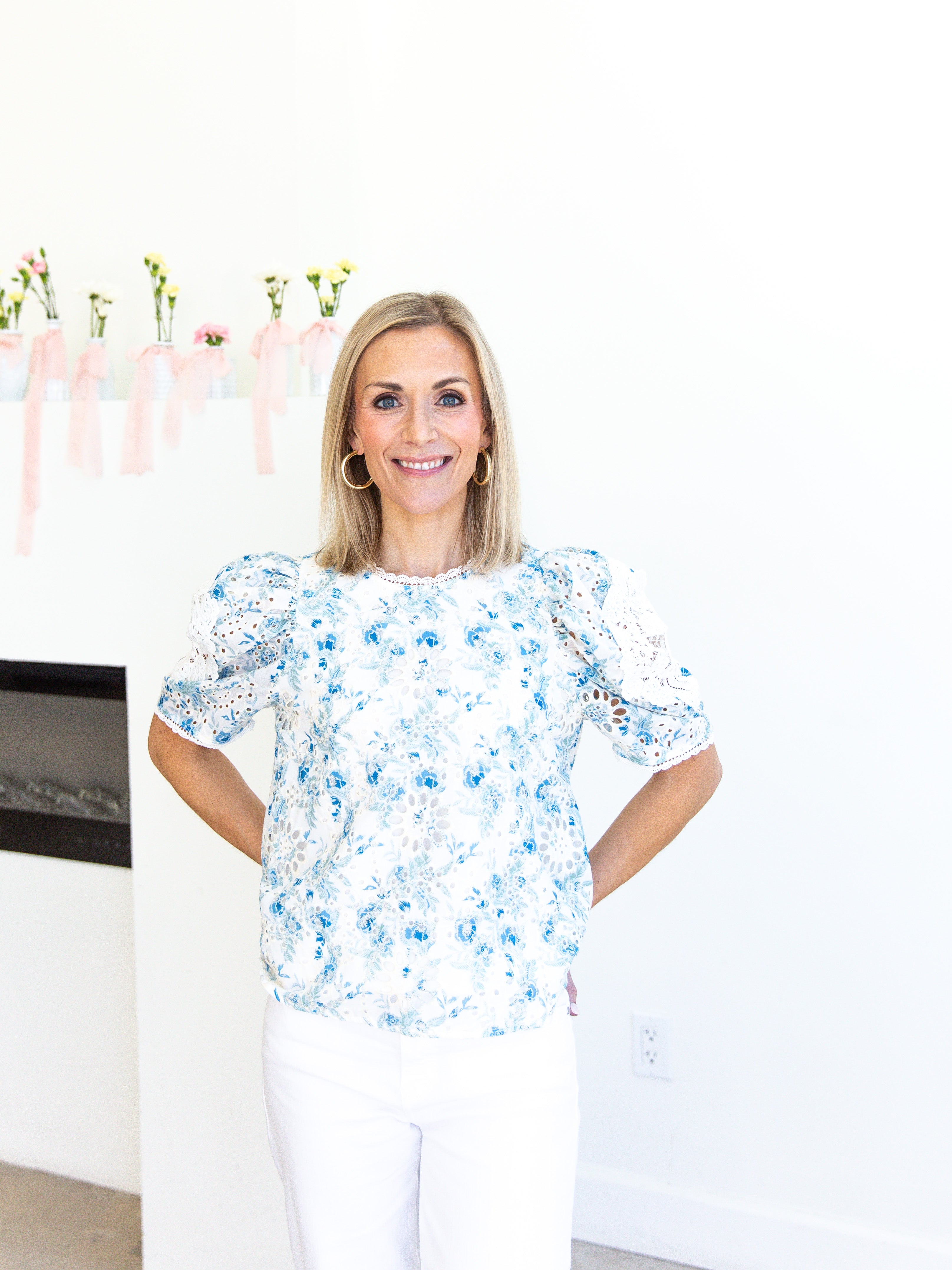 Blue Floral Crochet Blouse-200 Fashion Blouses-ENTRO-July & June Women's Fashion Boutique Located in San Antonio, Texas