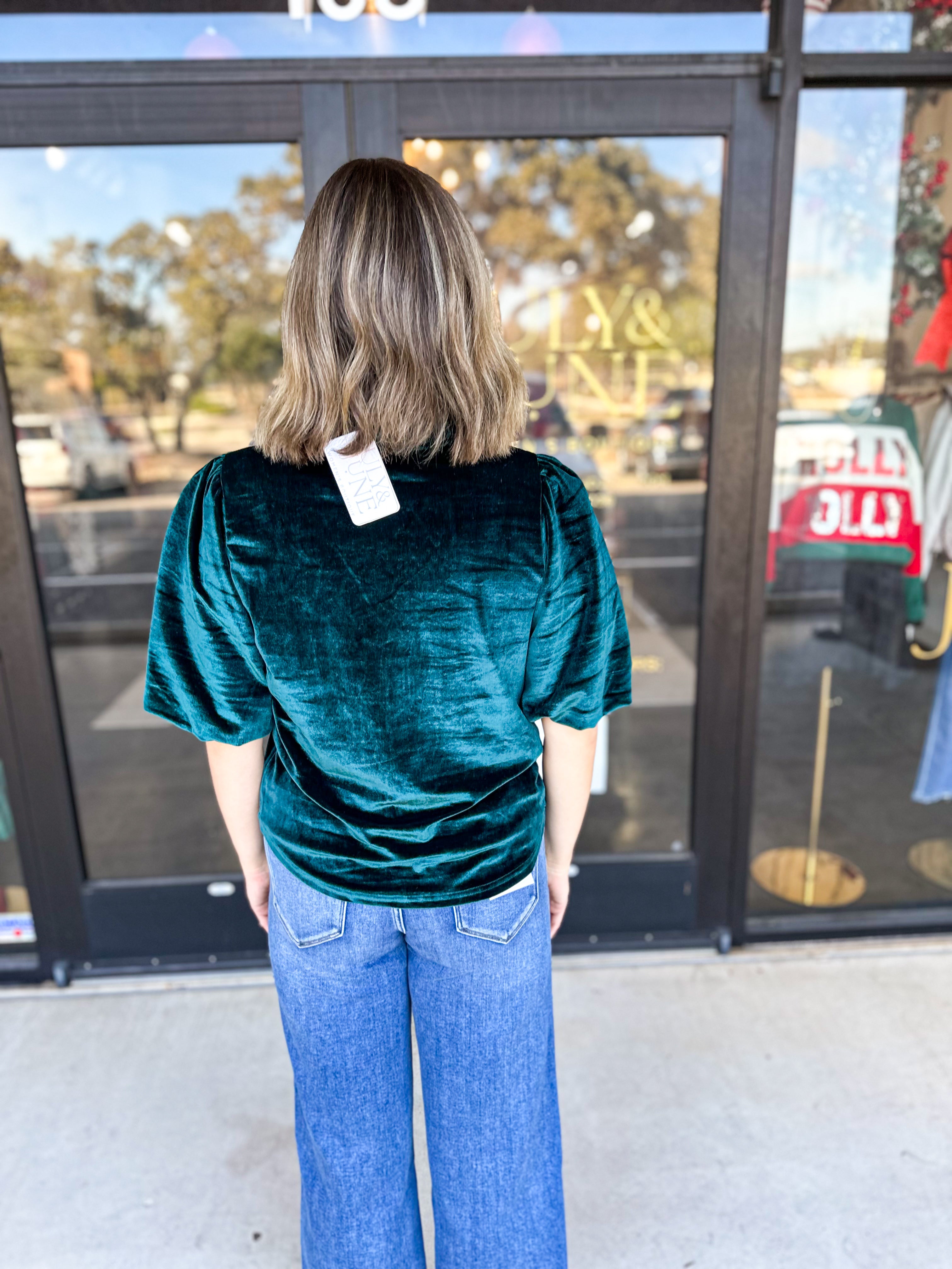 THML- Dark Teal Velvet Ruffle Blouse-200 Fashion Blouses-THML-July & June Women's Fashion Boutique Located in San Antonio, Texas