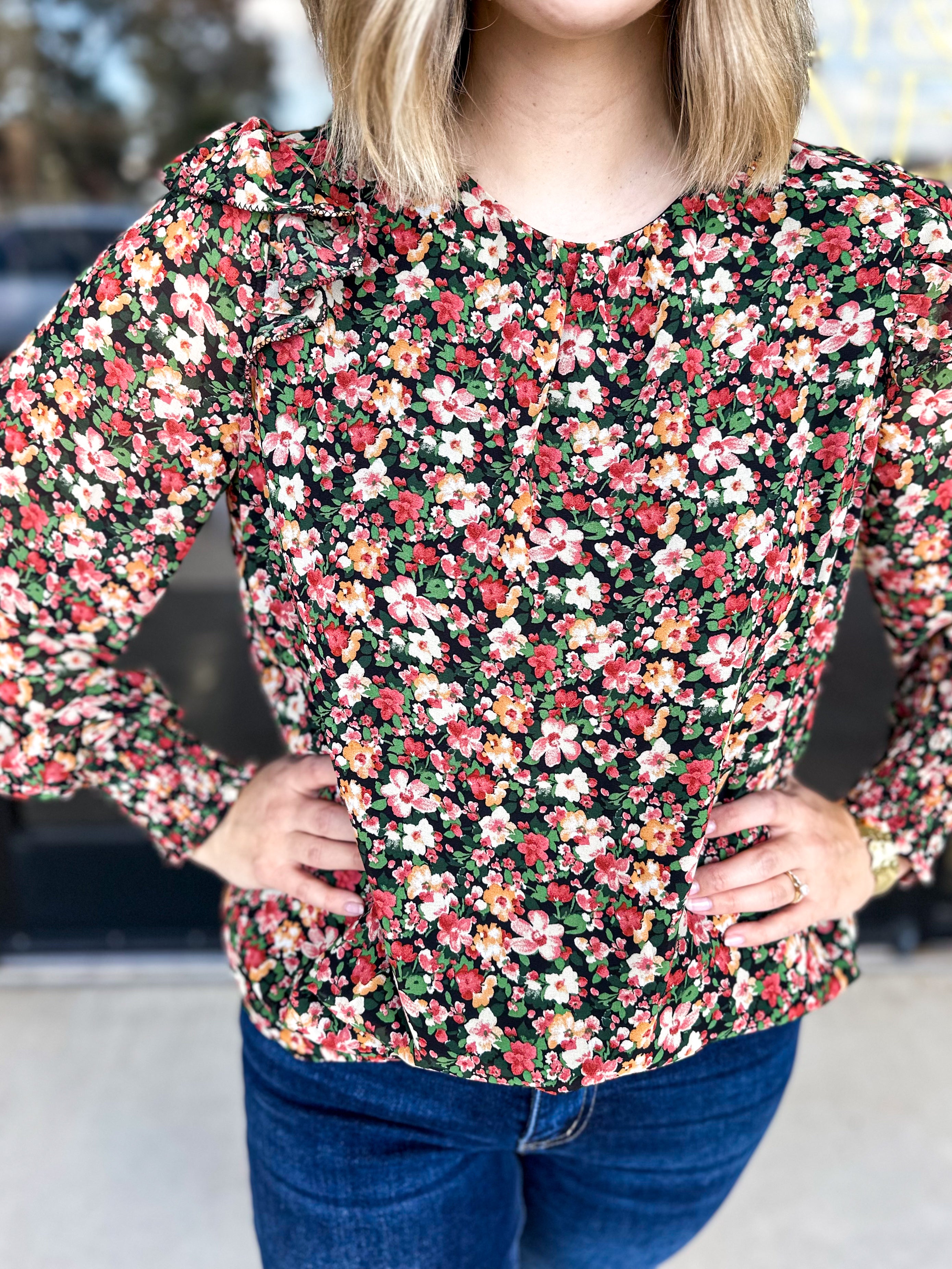 Floral Printed Blouse - PINK FRIDAY DOORBUSTER - ONLINE-PINK FRIDAY DOORBUSTERS-SKIES ARE BLUE-July & June Women's Fashion Boutique Located in San Antonio, Texas