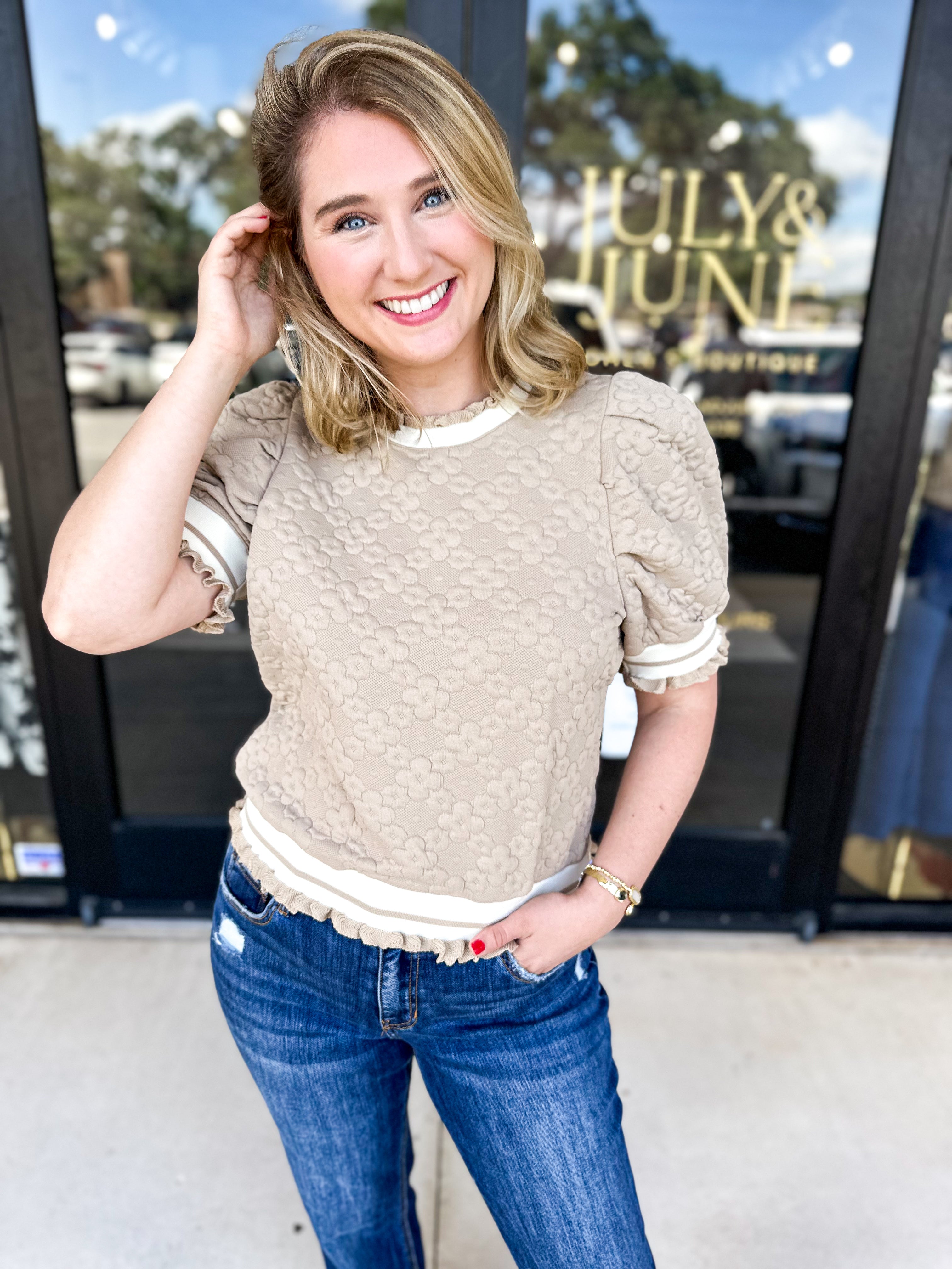 Taupe Varsity Tee-200 Fashion Blouses-ENTRO-July & June Women's Fashion Boutique Located in San Antonio, Texas