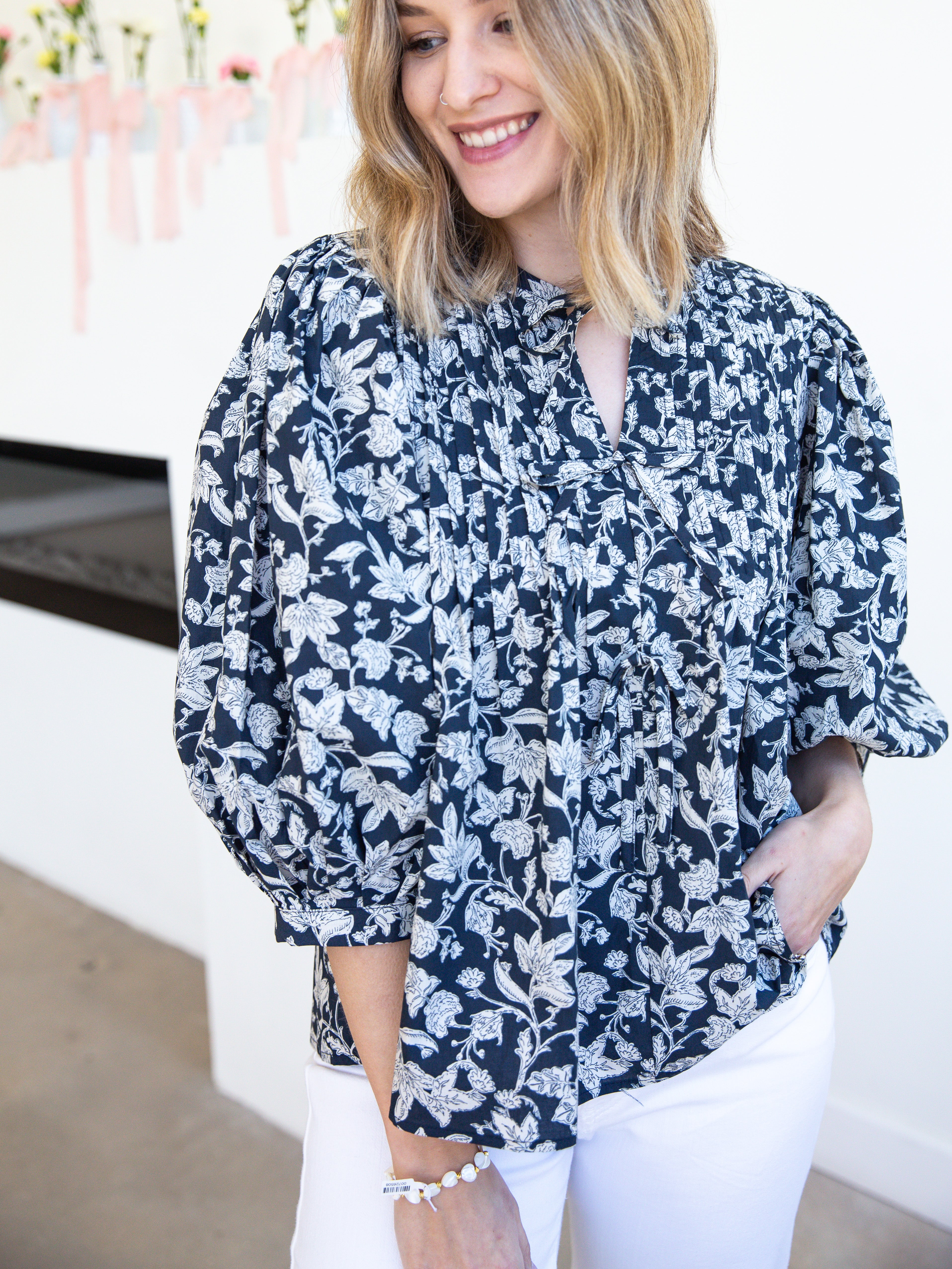 Vintage Navy Florals Blouse-200 Fashion Blouses-ENTRO-July & June Women's Fashion Boutique Located in San Antonio, Texas