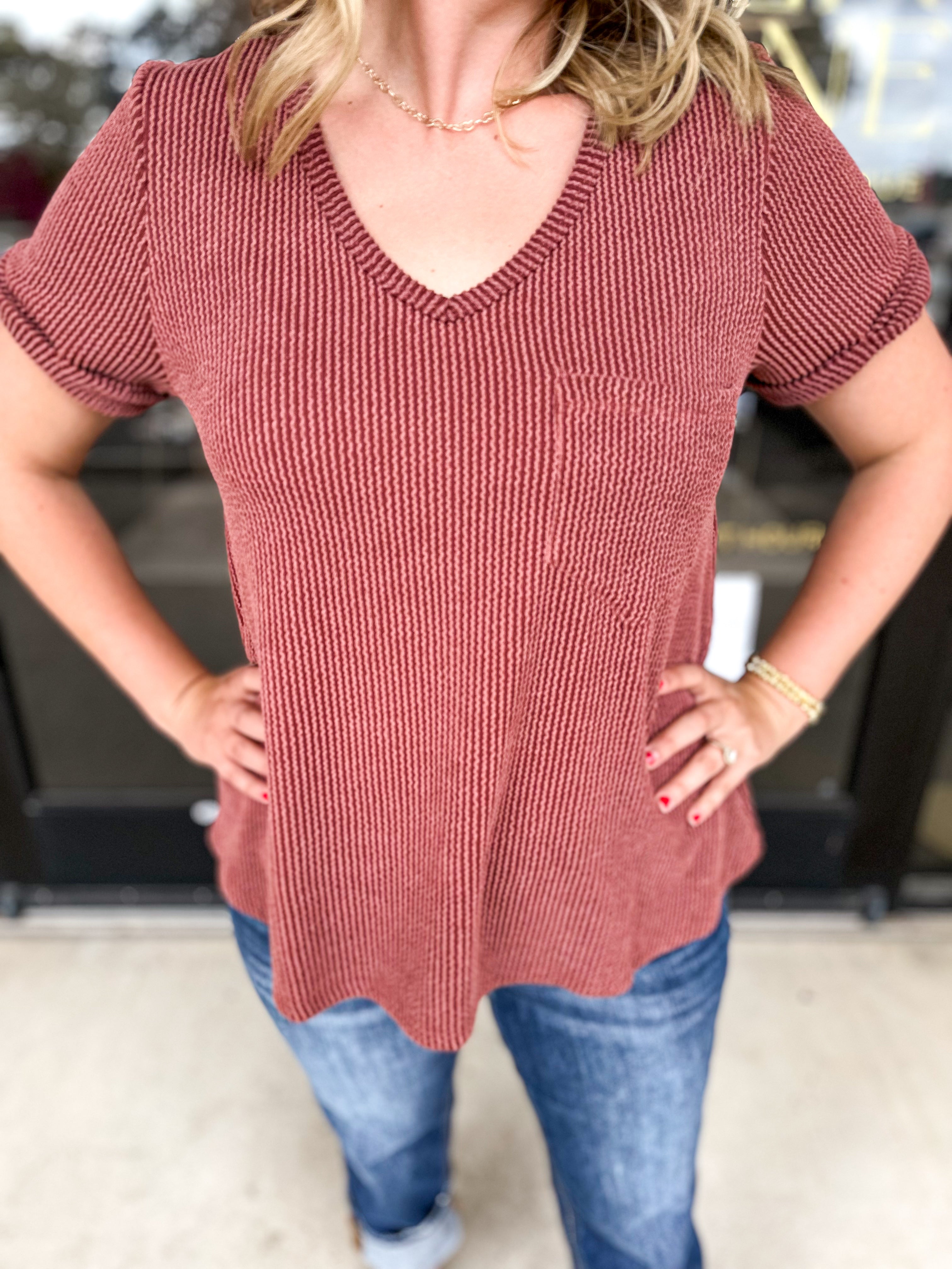 Ribbed V-Neck Tee - Rust-210 Casual Blouses-ENTRO-July & June Women's Fashion Boutique Located in San Antonio, Texas