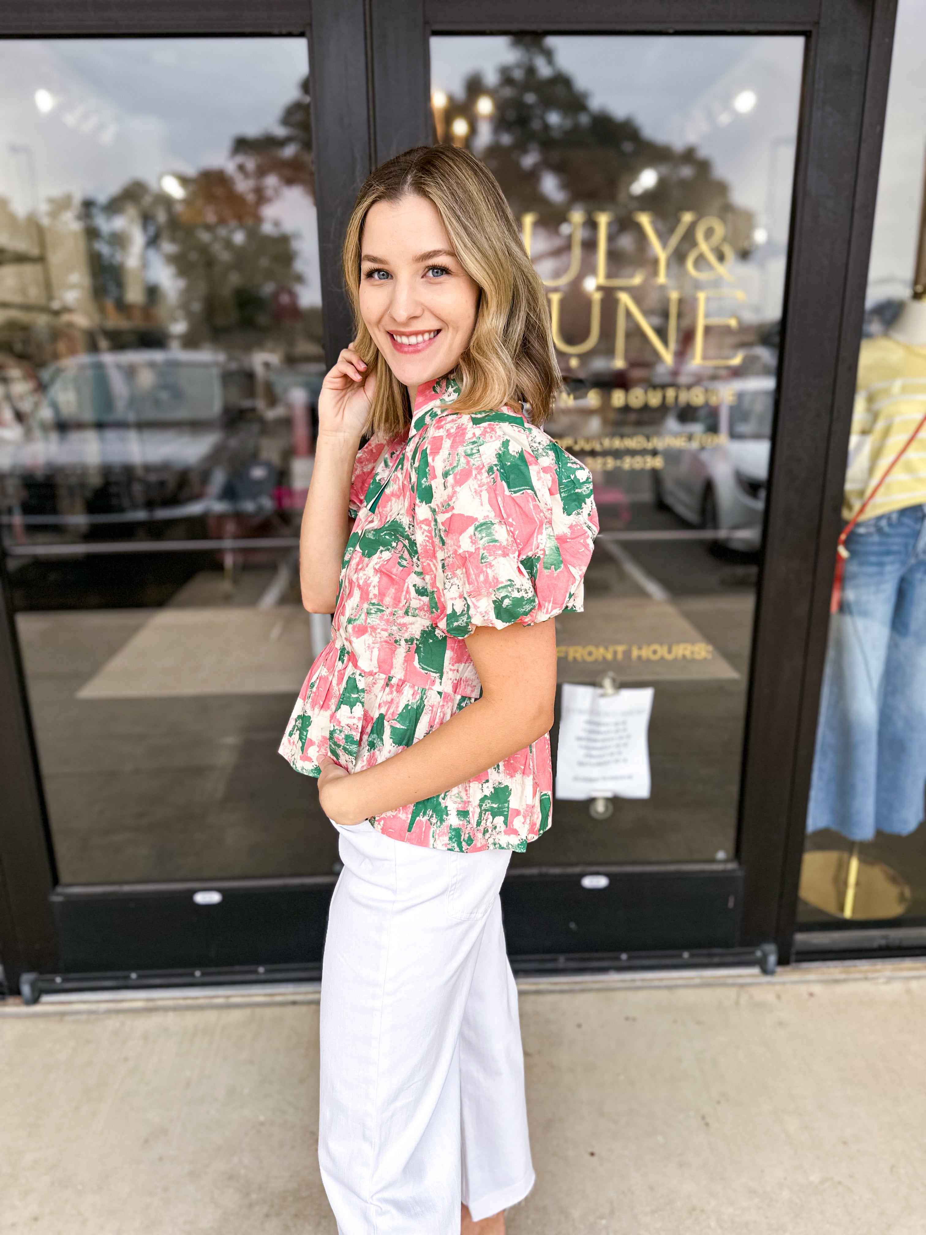 Peplum Chic Blouse - Green Combo-200 Fashion Blouses-ENTRO-July & June Women's Fashion Boutique Located in San Antonio, Texas