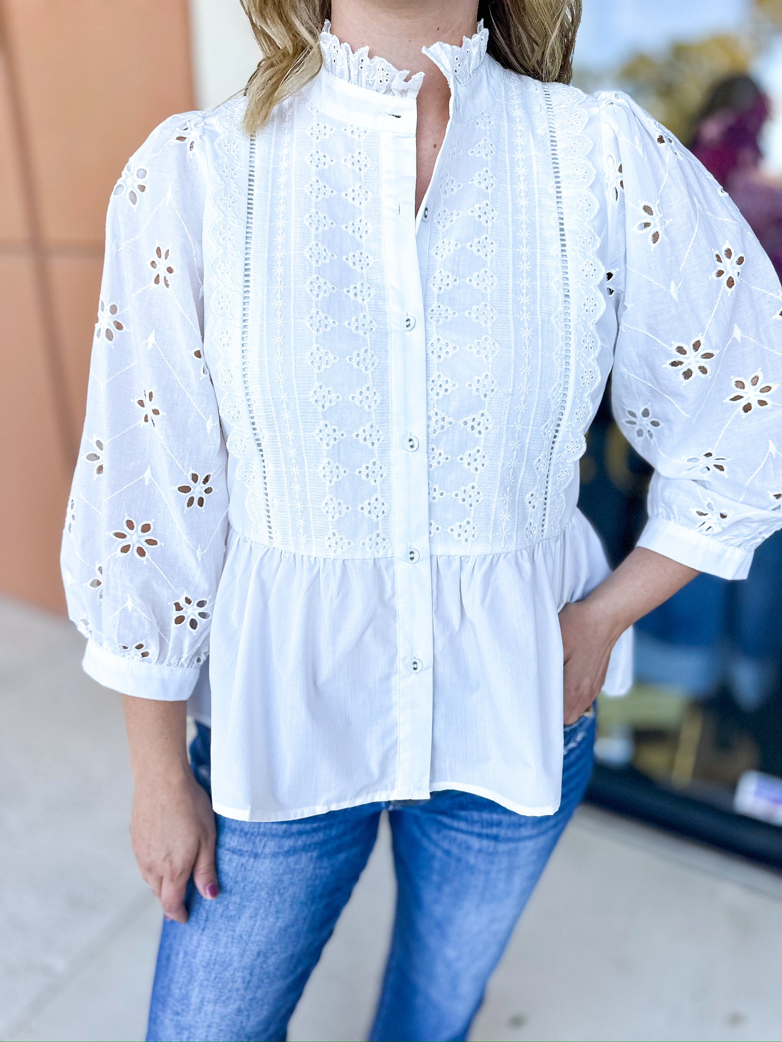 High Neck Lace Detailed Blouse - Ivory-200 Fashion Blouses-ENTRO-July & June Women's Fashion Boutique Located in San Antonio, Texas