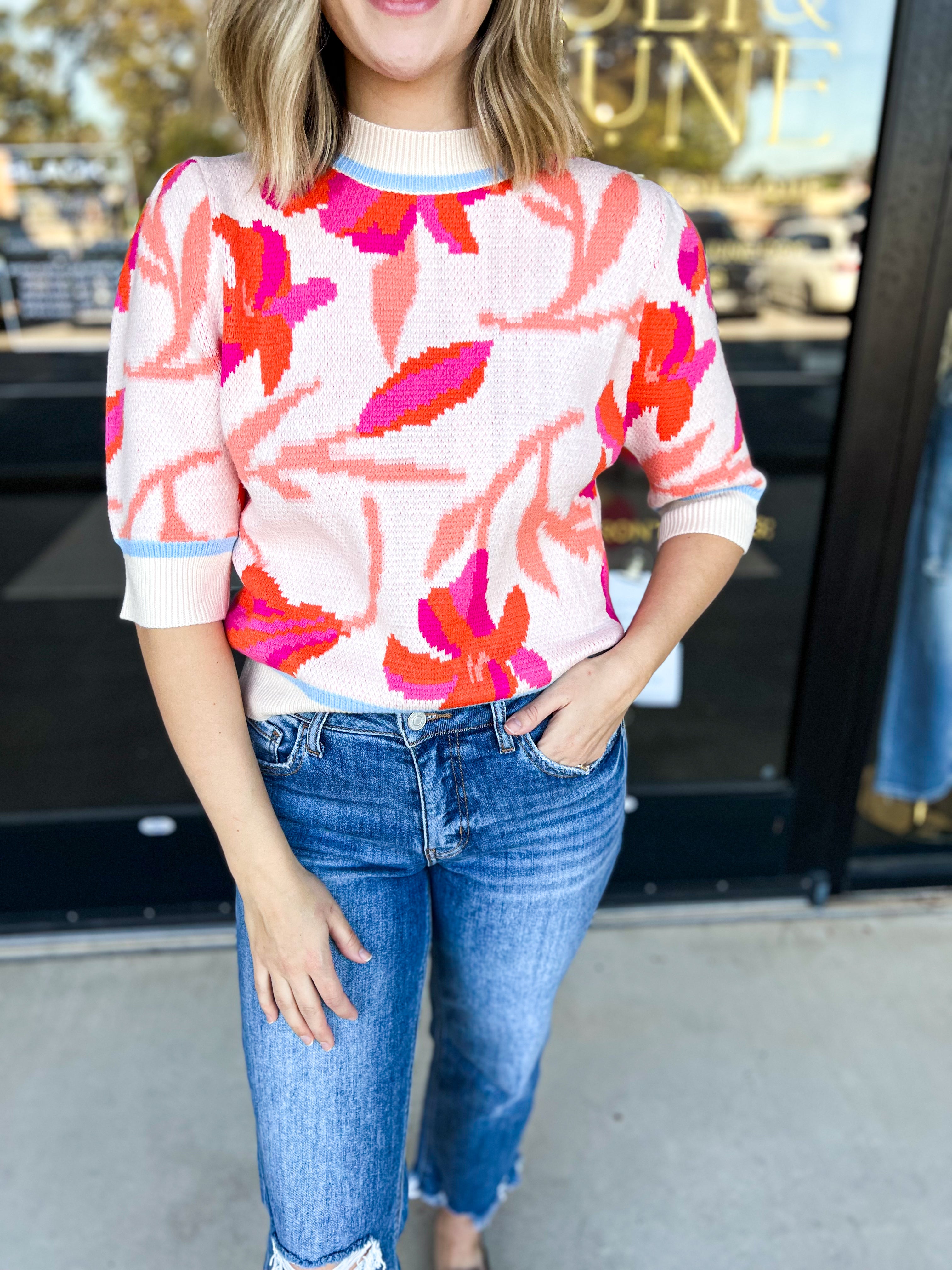 THML - Floral Fun Short Sleeve Sweater Top-230 Sweaters/Cardis-THML-July & June Women's Fashion Boutique Located in San Antonio, Texas