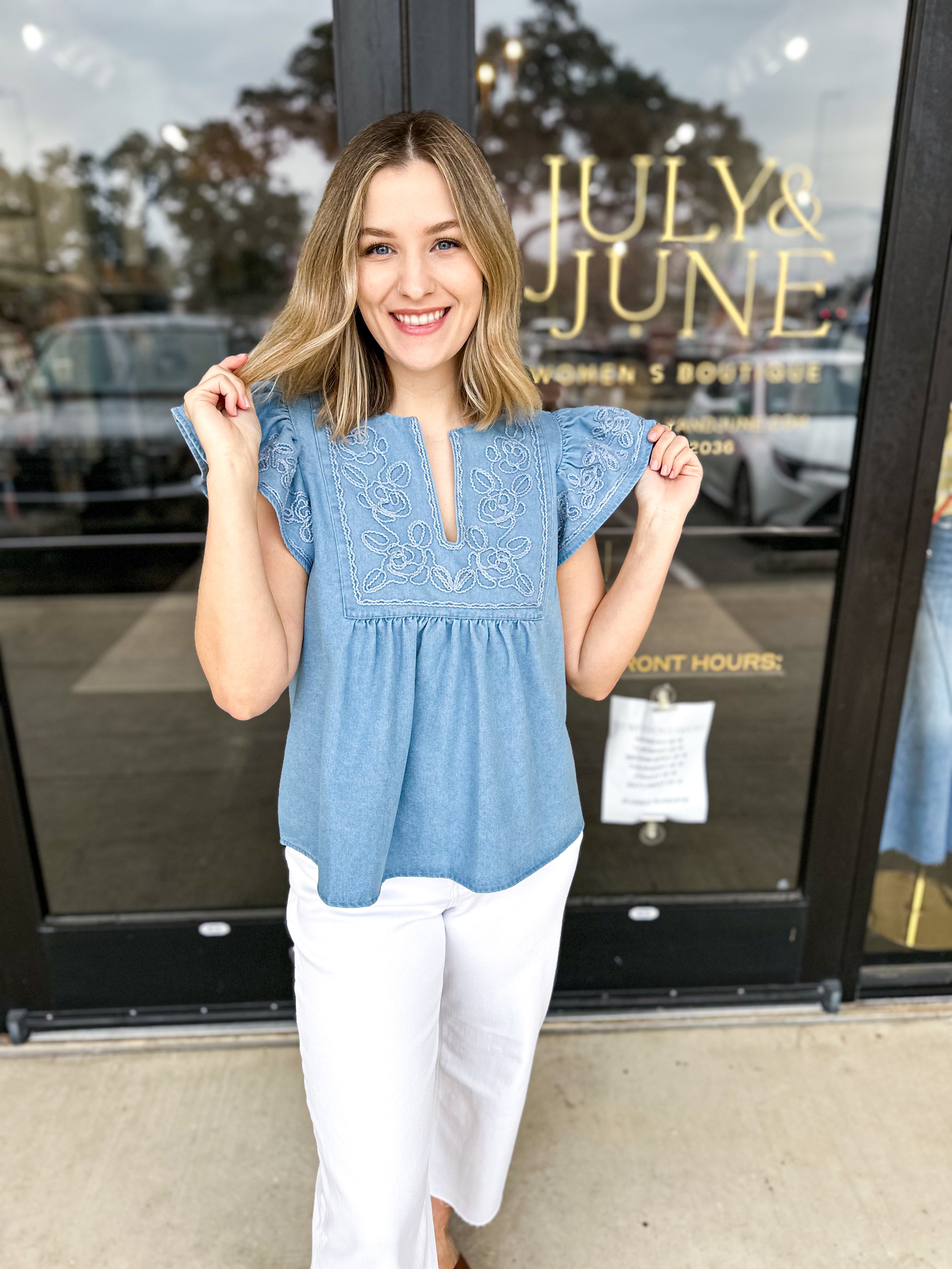 The Magnolia Embroidered Blouse - Light Blue-200 Fashion Blouses-ENTRO-July & June Women's Fashion Boutique Located in San Antonio, Texas